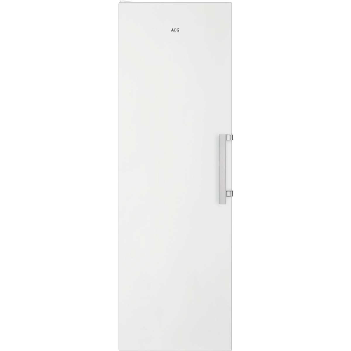 Refrigerador blanco con manija plateada, aislado contra un fondo negro.