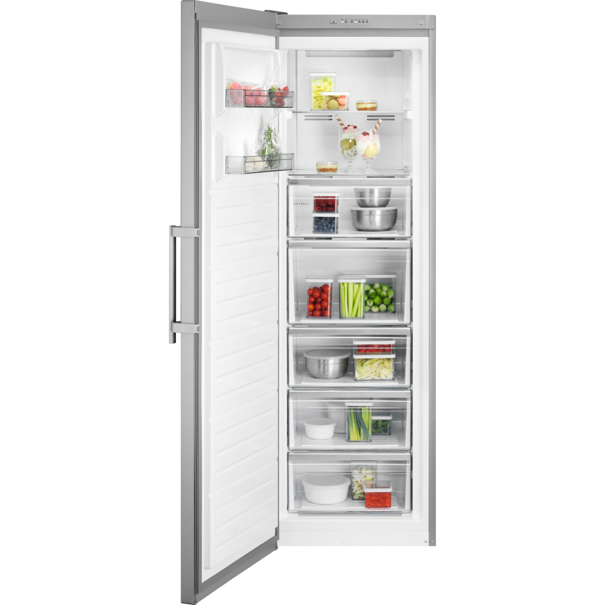 Un refrigerador abierto lleno de alimentos en recipientes transparentes.