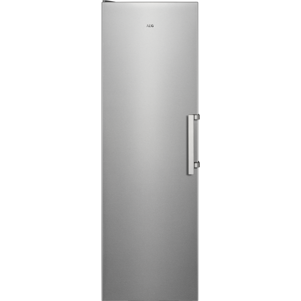 Refrigerador AEG plateado sobre fondo negro. Puerta con manija a la derecha.