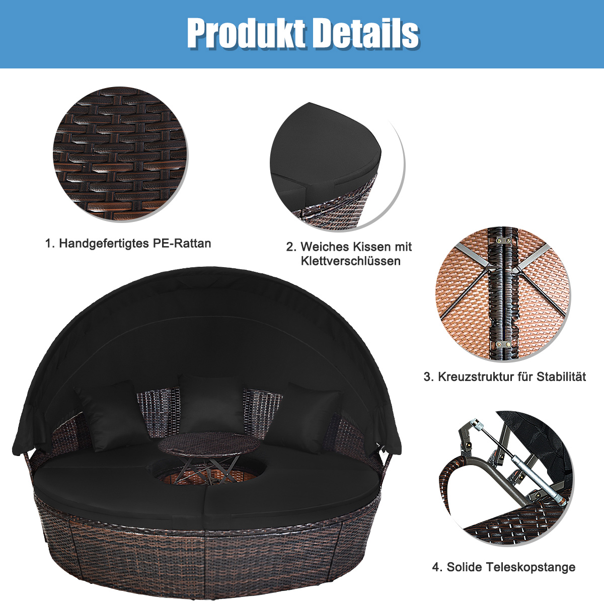Detaillierte Ansicht eines runden Outdoor-Sofas mit Kissen und einem kleinen Tisch.