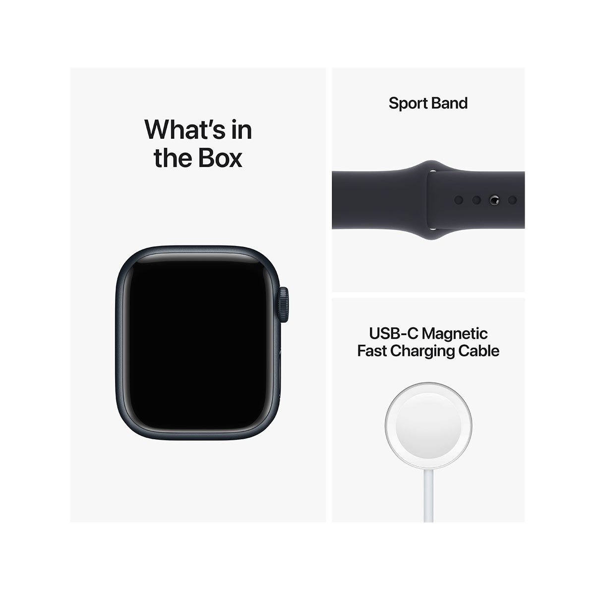 Apple Watch en una caja con una correa deportiva y cable de carga USB-C.
