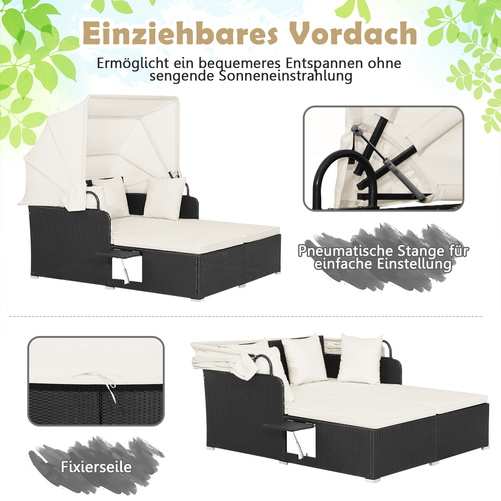 Ein schwarz-braunes Sitzmöbel-Set für den Außenbereich mit Baldachin. Das Set enthält zwei Liegestühle und einen Beistelltisch.