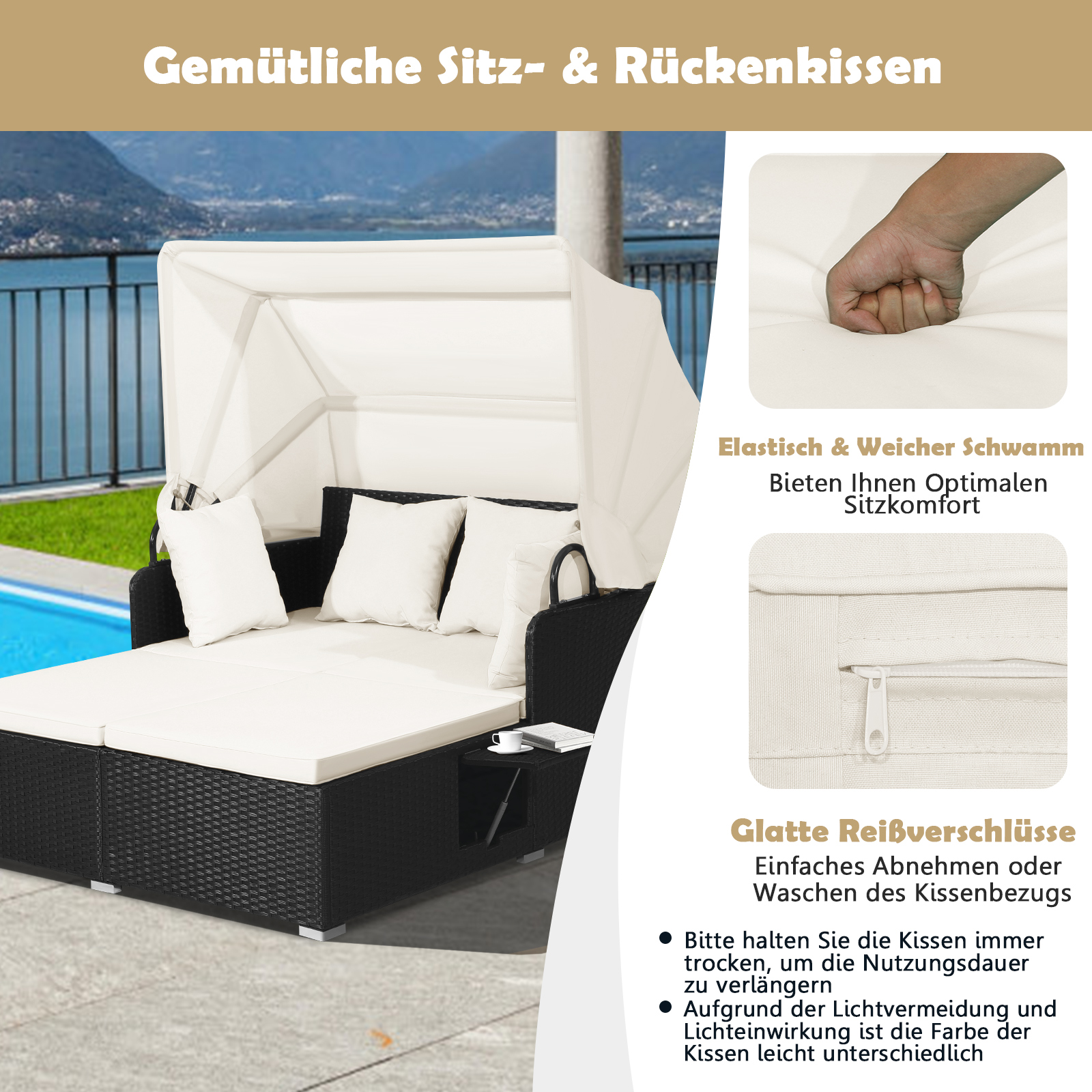 Outdoor-Sofagarnitur mit weißen Kissen und schwarzem Rahmen, Detailaufnahmen rechts.