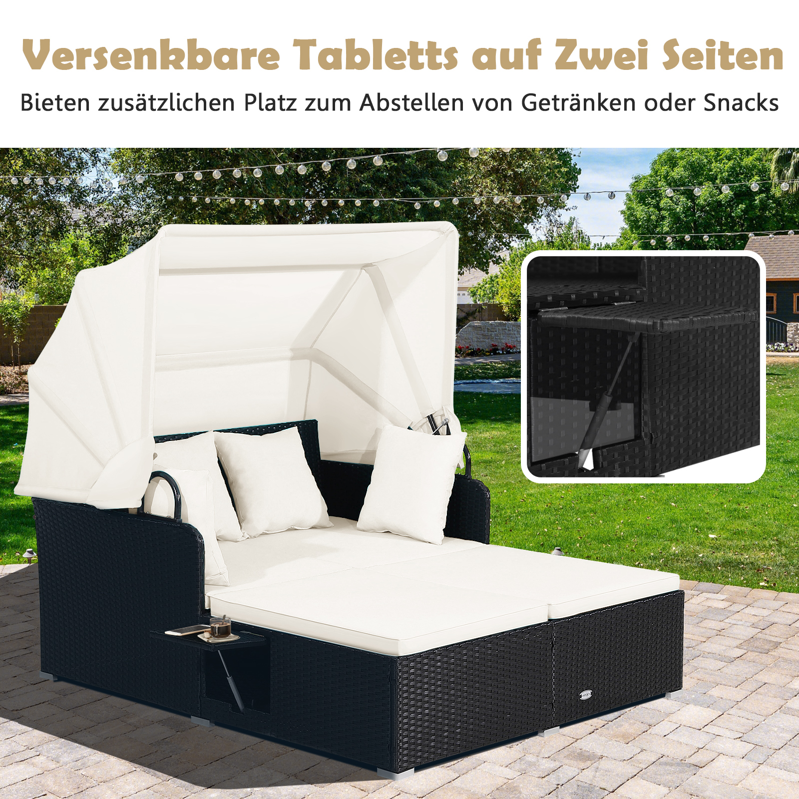 Outdoor-Tagesbett aus Korbgeflecht mit Baldachin und Beistelltisch mit Getränk. Weiße Kissen und Matratze, grünes Gras.