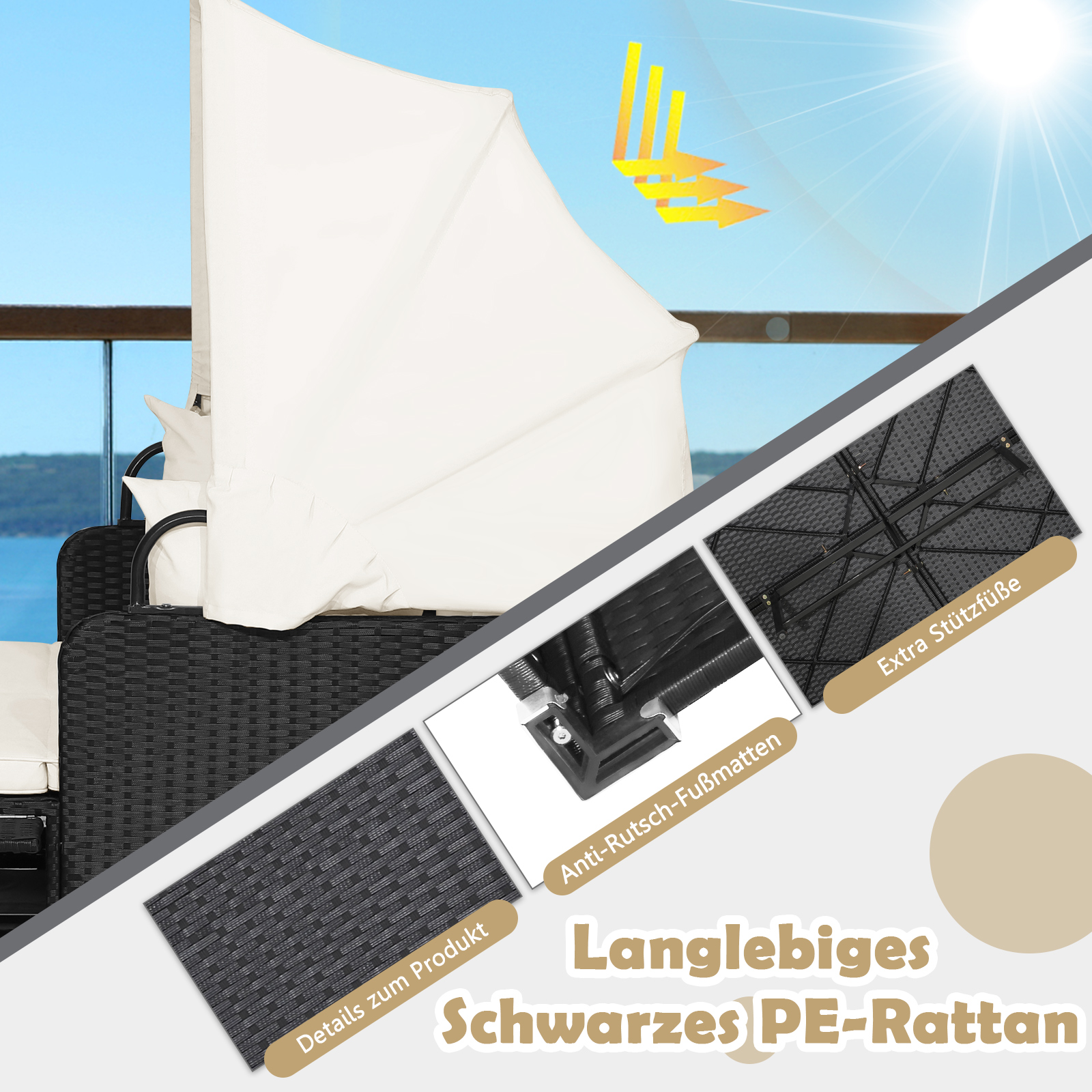 Outdoor-Sitzgruppe mit Text zu Materialien und Eigenschaften.