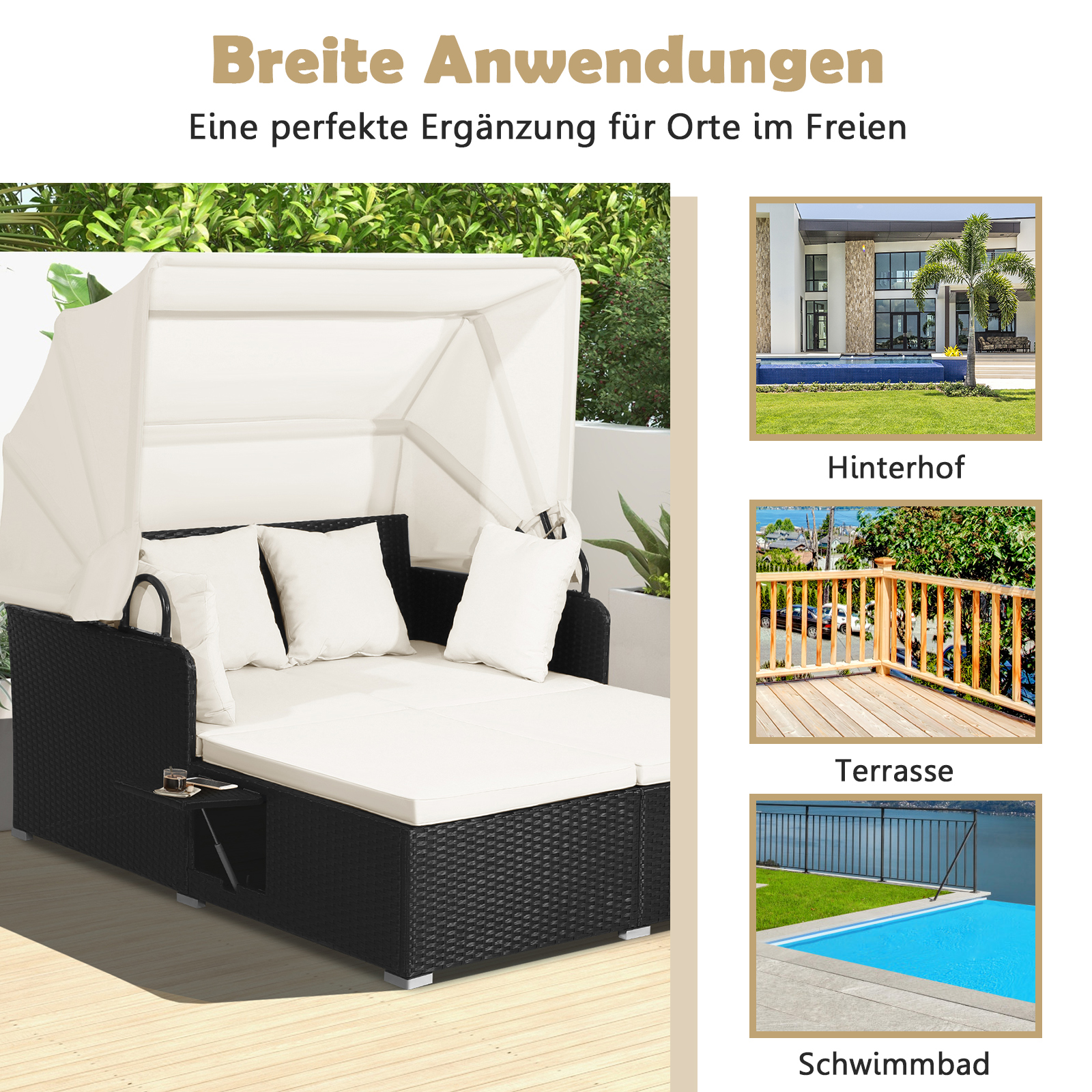 Schwarzes Outdoor-Sofa mit weißem Baldachin und drei kleinen Bildern von Außenbereichen.
