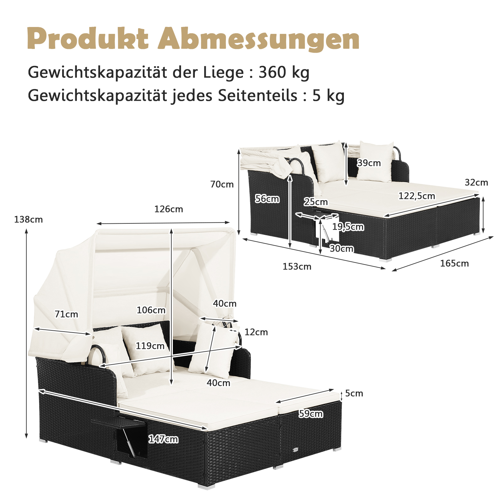 Ein schwarzes Outdoor-Tagesbett mit Baldachin, Kissen und Abmessungen in einem Diagramm.