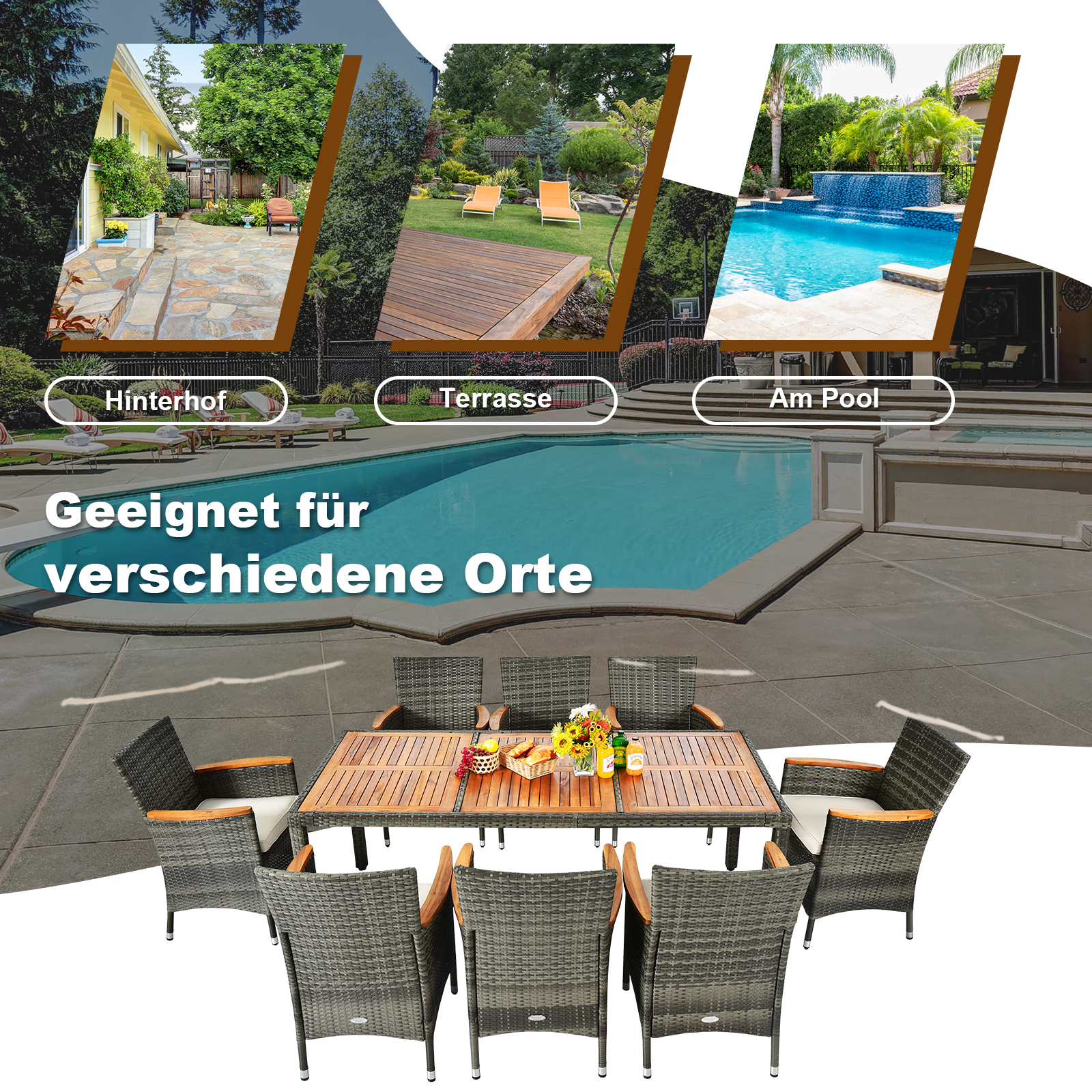 Essgruppe im Freien. Das Set umfasst einen Tisch und Stühle. Der Hintergrund zeigt einen Pool und Garten.