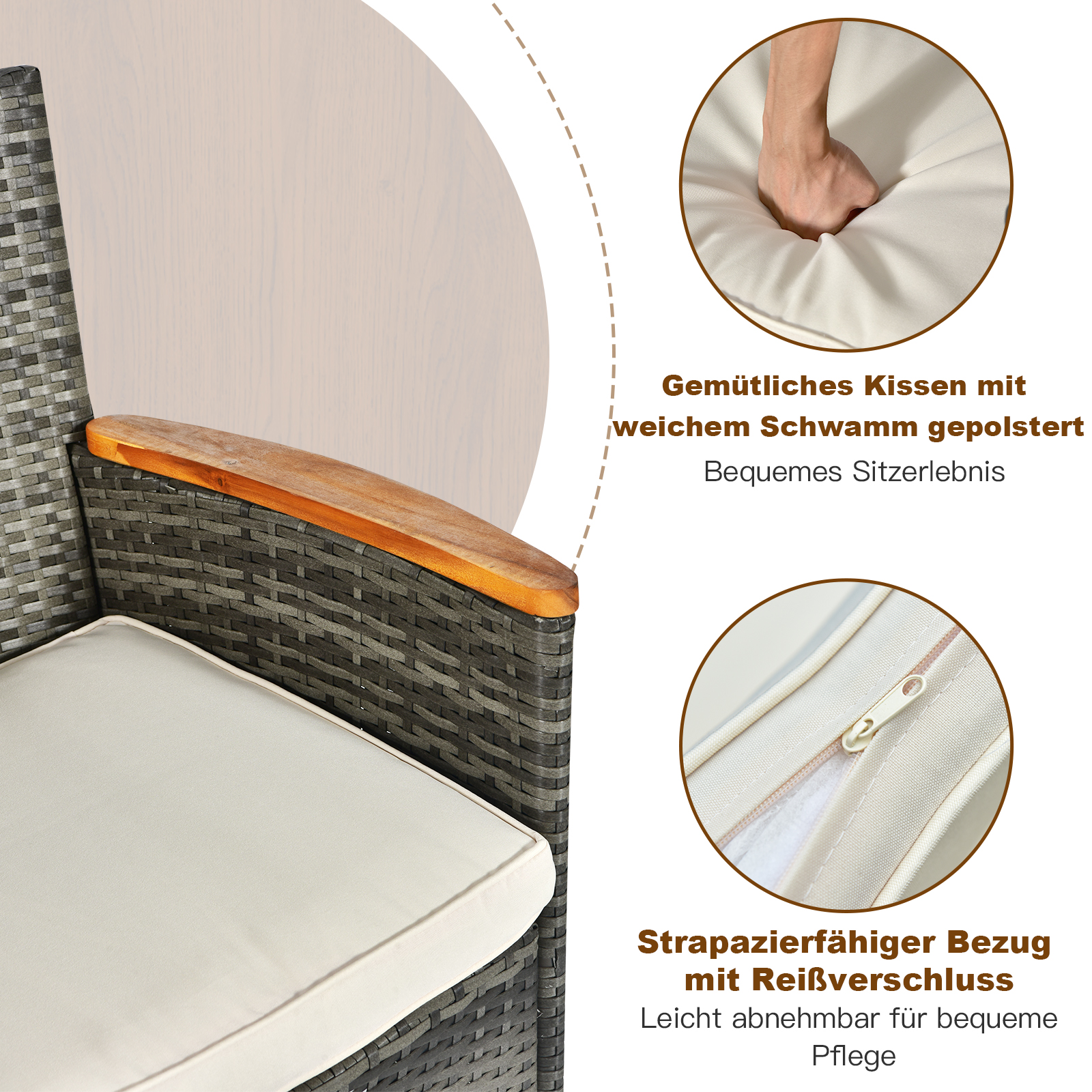 Grauer Rattanstuhl mit weißem Kissen, Details auf den Kissen und Armlehnen.