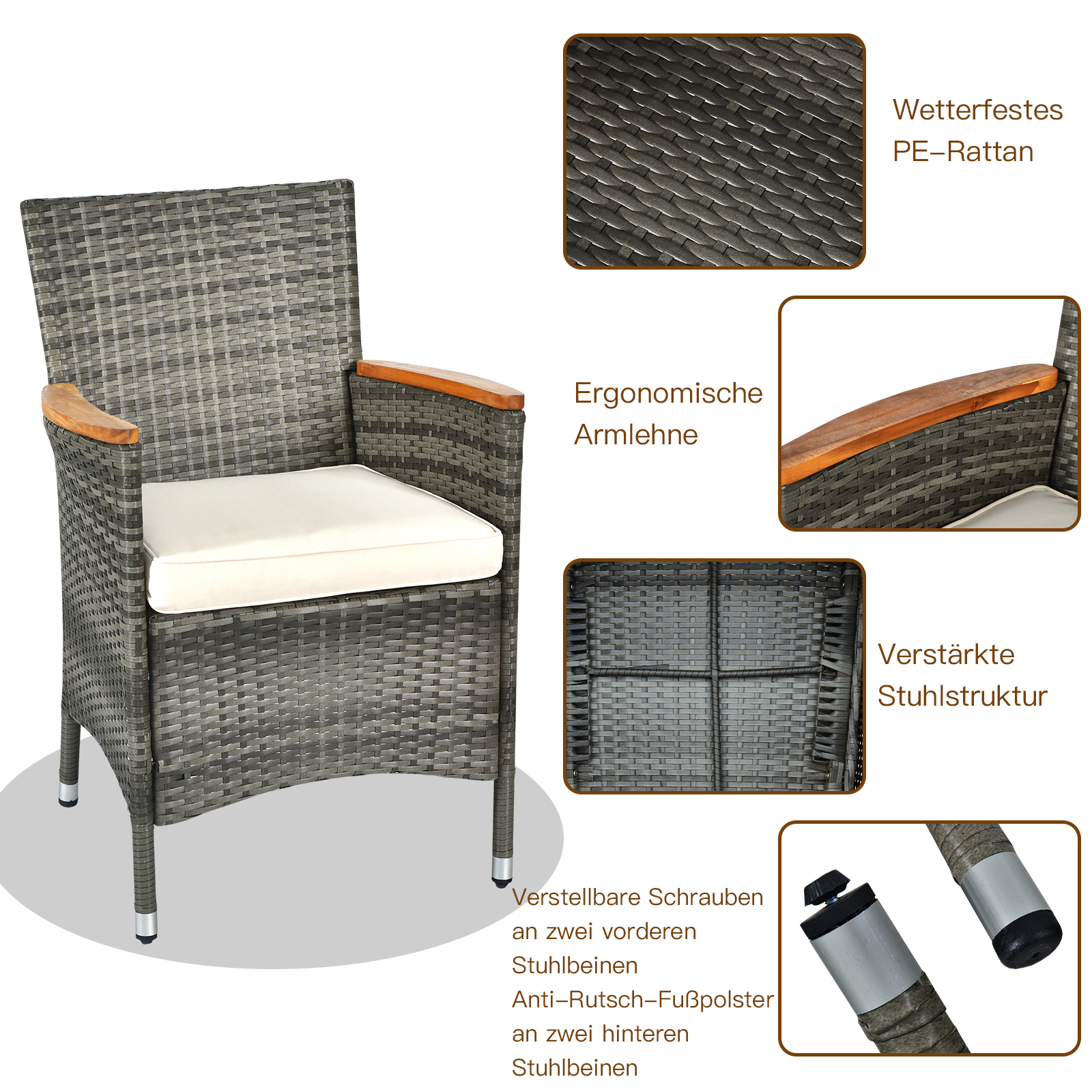 Wicker-Outdoor-Stuhl mit Holzarmlehnen und einem Kissen. Details sind hervorgehoben.