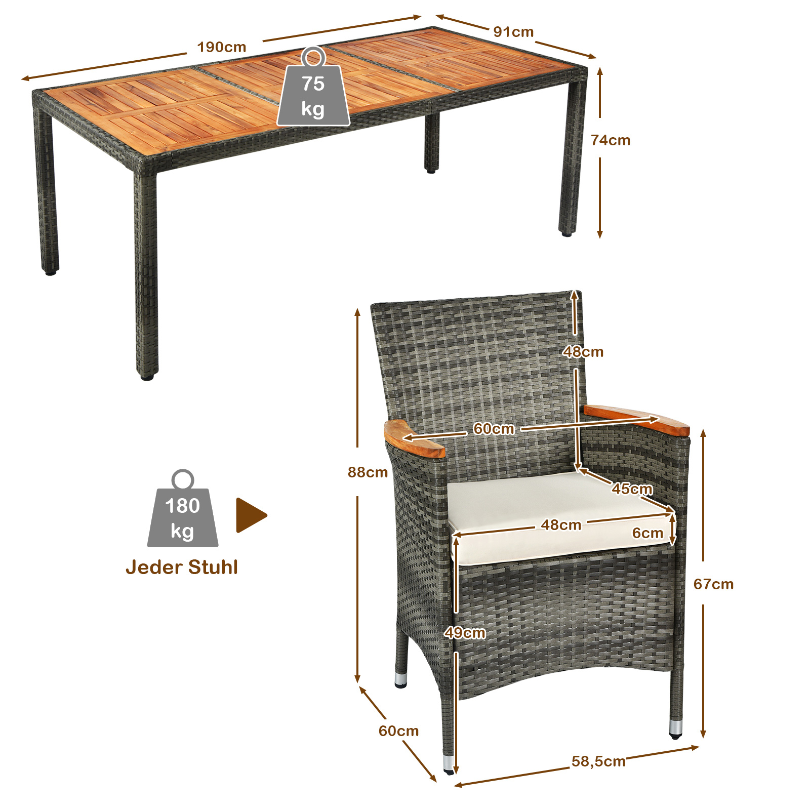 Ein Außentisch mit Maßen und Maßen eines Stuhls. Der Tisch besteht aus Holz und Metall.
