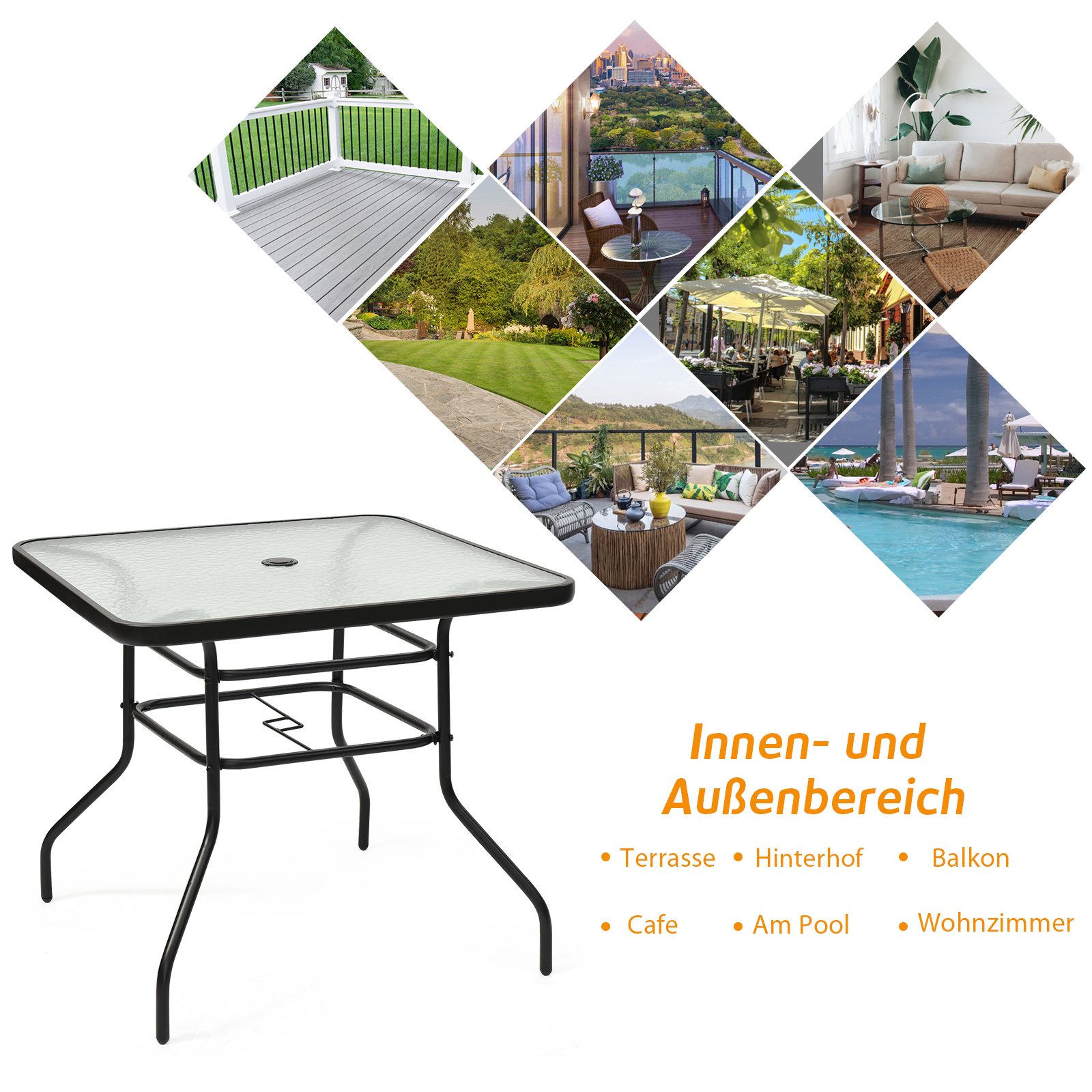 Quadratischer Tisch mit Glasplatte und schwarzem Rahmen. Bilder von Szenen im Freien umgeben ihn.