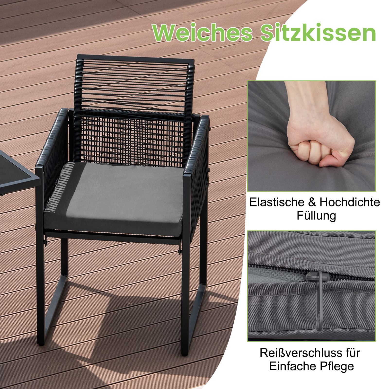 Schwarzer Metall-Außenstuhl mit gewebter Rückenlehne und grauem Kissen. Nahaufnahmen zeigen Kissendetails und einen Reißverschluss.