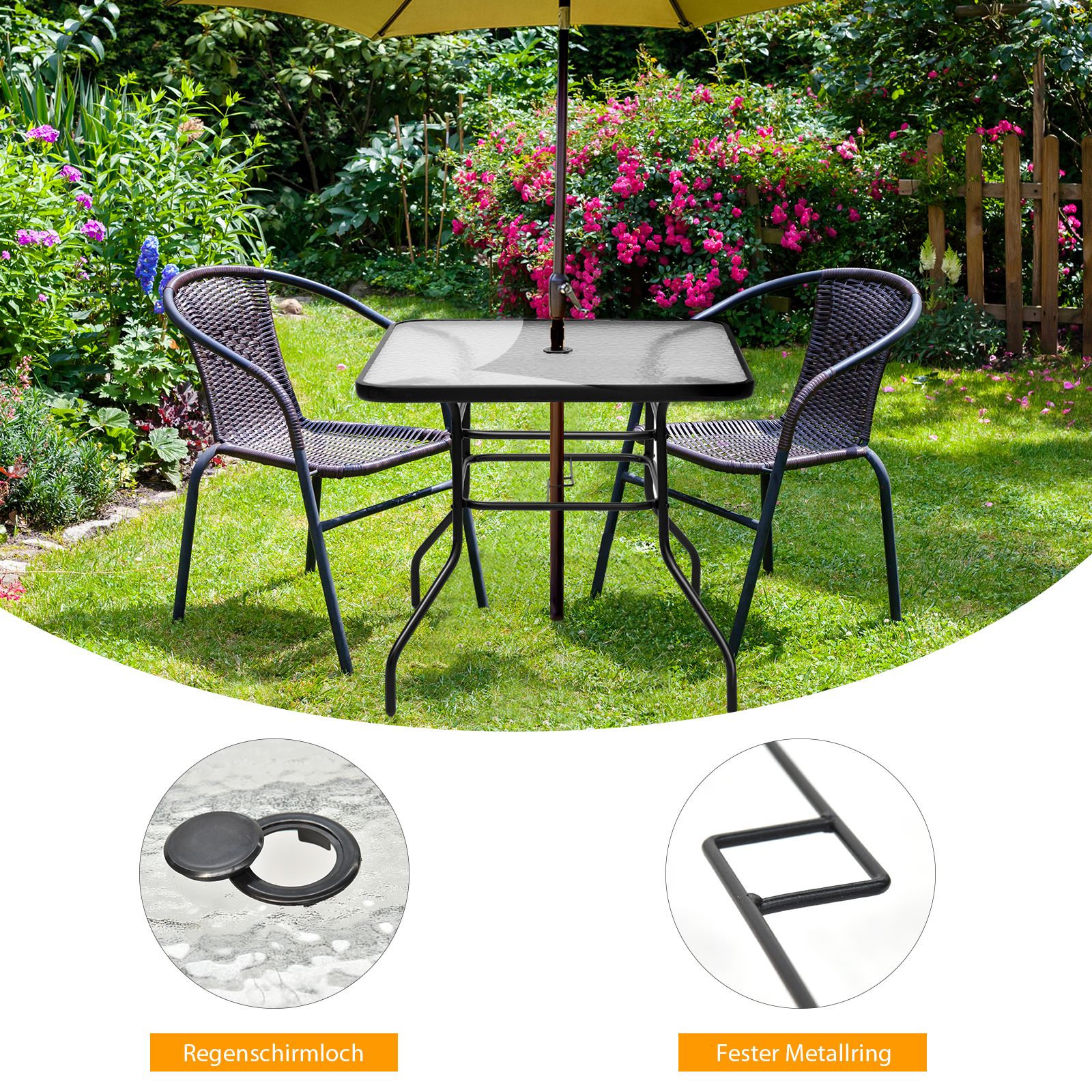 Gartenszene mit Tisch, Stühlen und Sonnenschirm. Details von Tisch und Metallring unten.