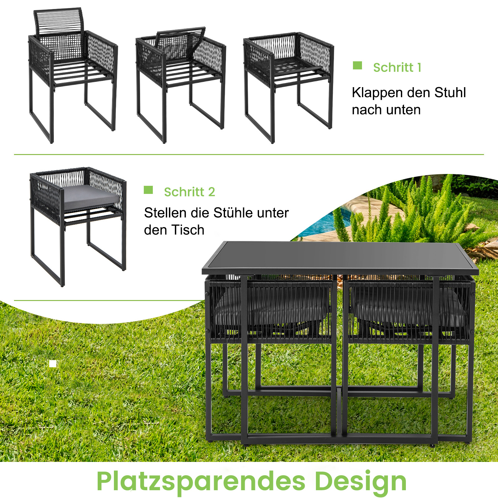 Schwarzes Ess-Set für draußen mit vier Stühlen und einem Tisch auf grünem Gras, Aufbau in Schritten.