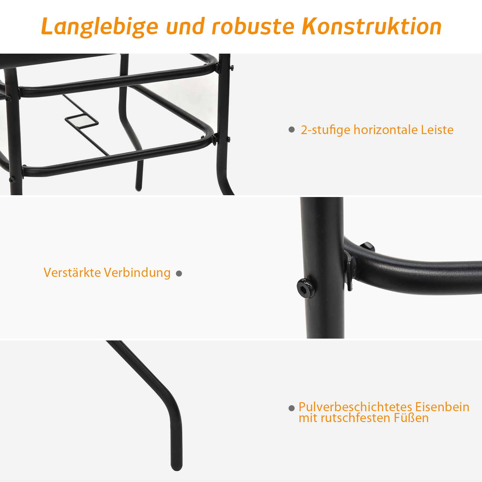 Nahaufnahmen von Details des Gestells eines schwarzen Stuhls. Zeigt Verbindungspunkte und Füße.