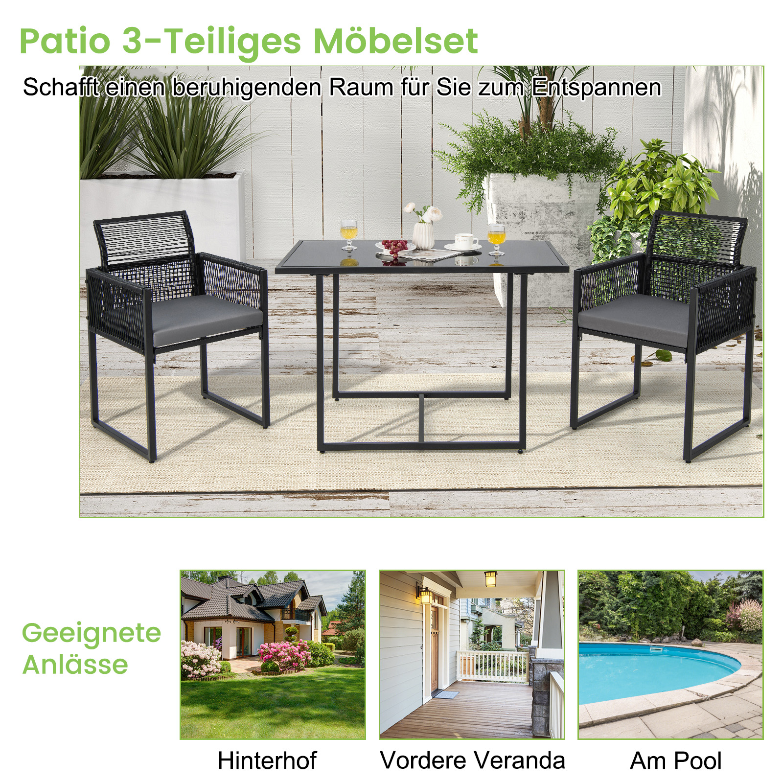 Terrassenmöbelset mit Tisch und zwei Stühlen. Drei Szenen dargestellt.