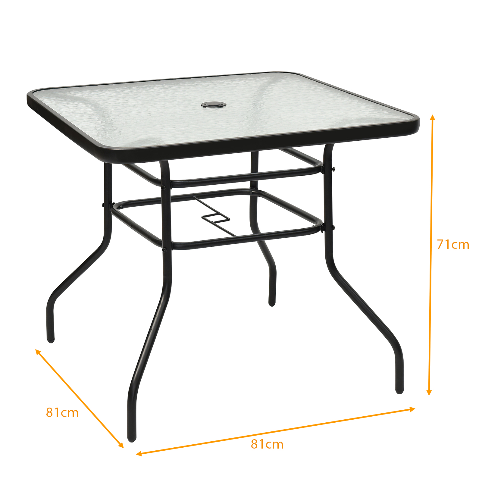 Ein quadratischer Tisch mit Glasplatte und schwarzem Metallrahmen. Die Maße sind 81x81x71cm.