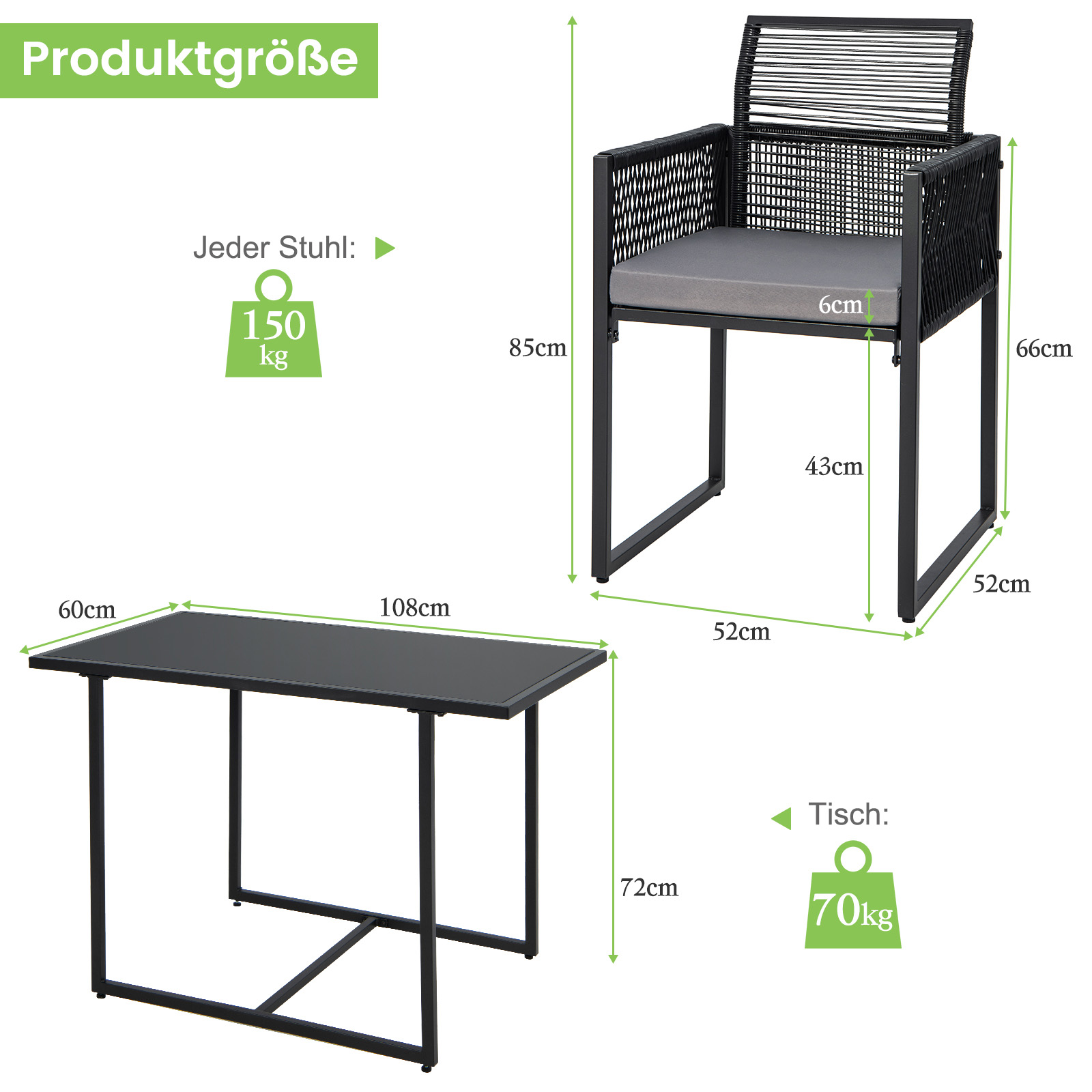Schwarzes Tisch- und Stuhlset. Stuhl hat Abmessungen. Tisch hat Abmessungen und Gewicht.