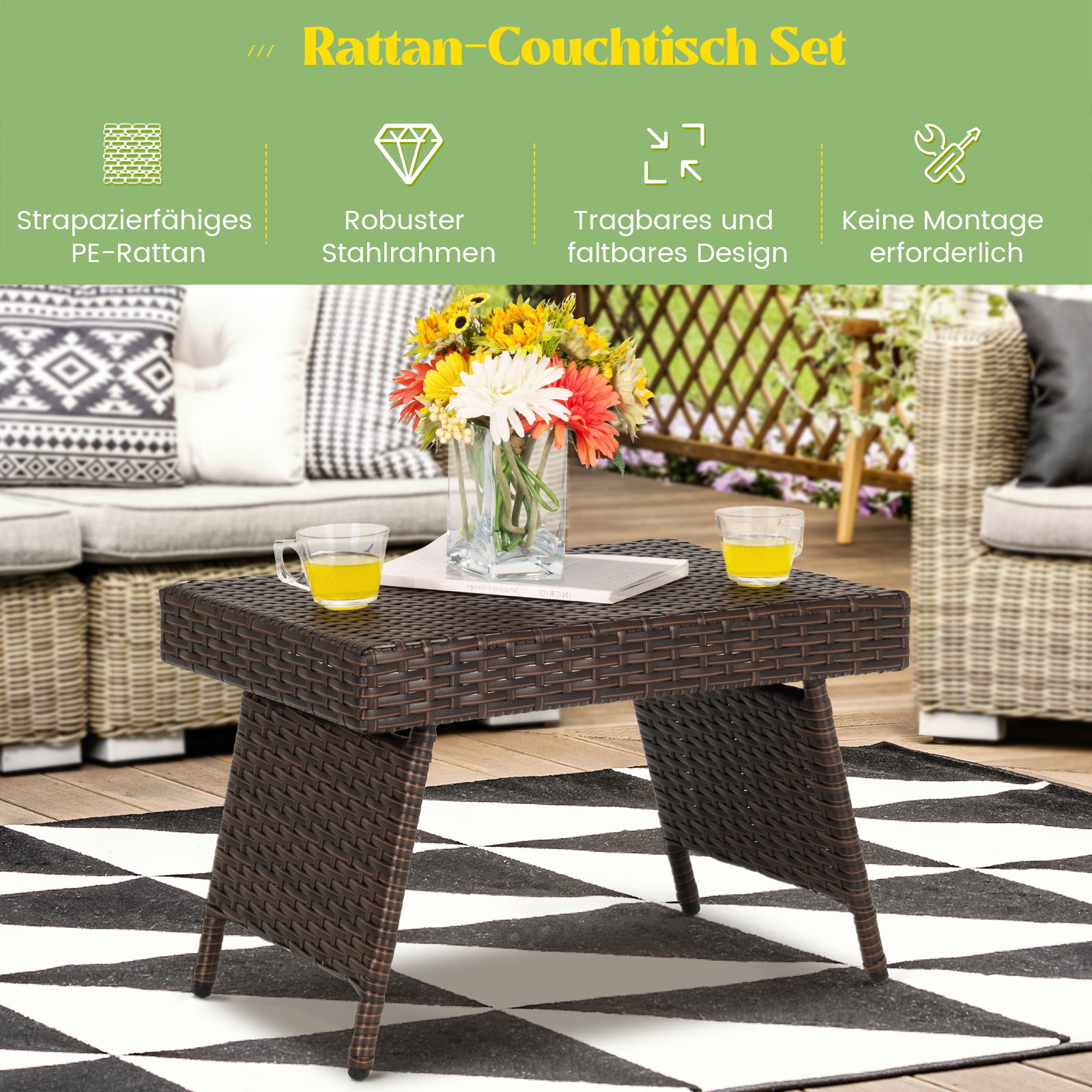 Rattan-Beistelltisch mit Text oben. Sonnenblumen in Vase. Schwarz-Weiß-Teppich.