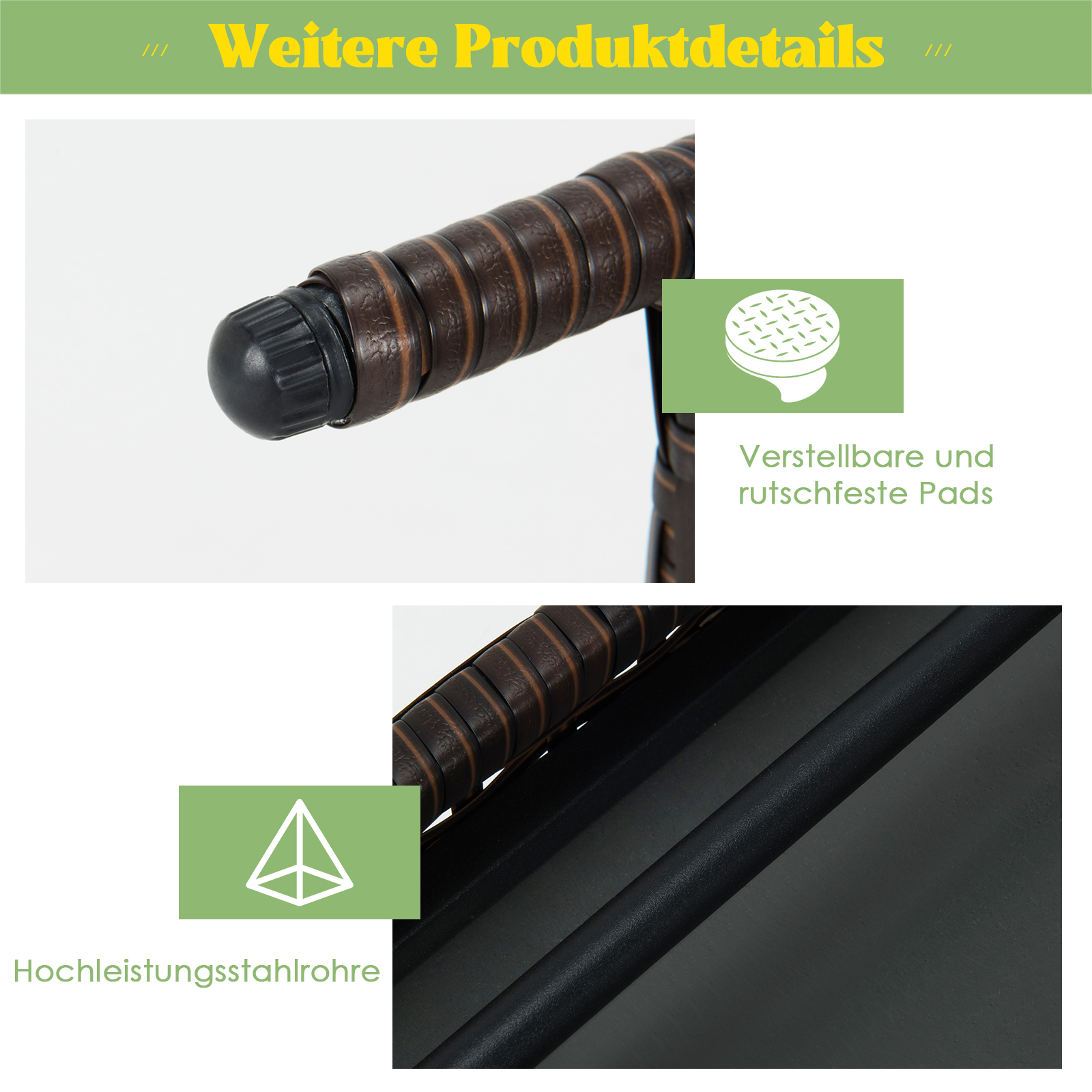 Nahaufnahme von Stuhlteilen mit Details. Braunes Webmaterial und schwarzer Rahmen.