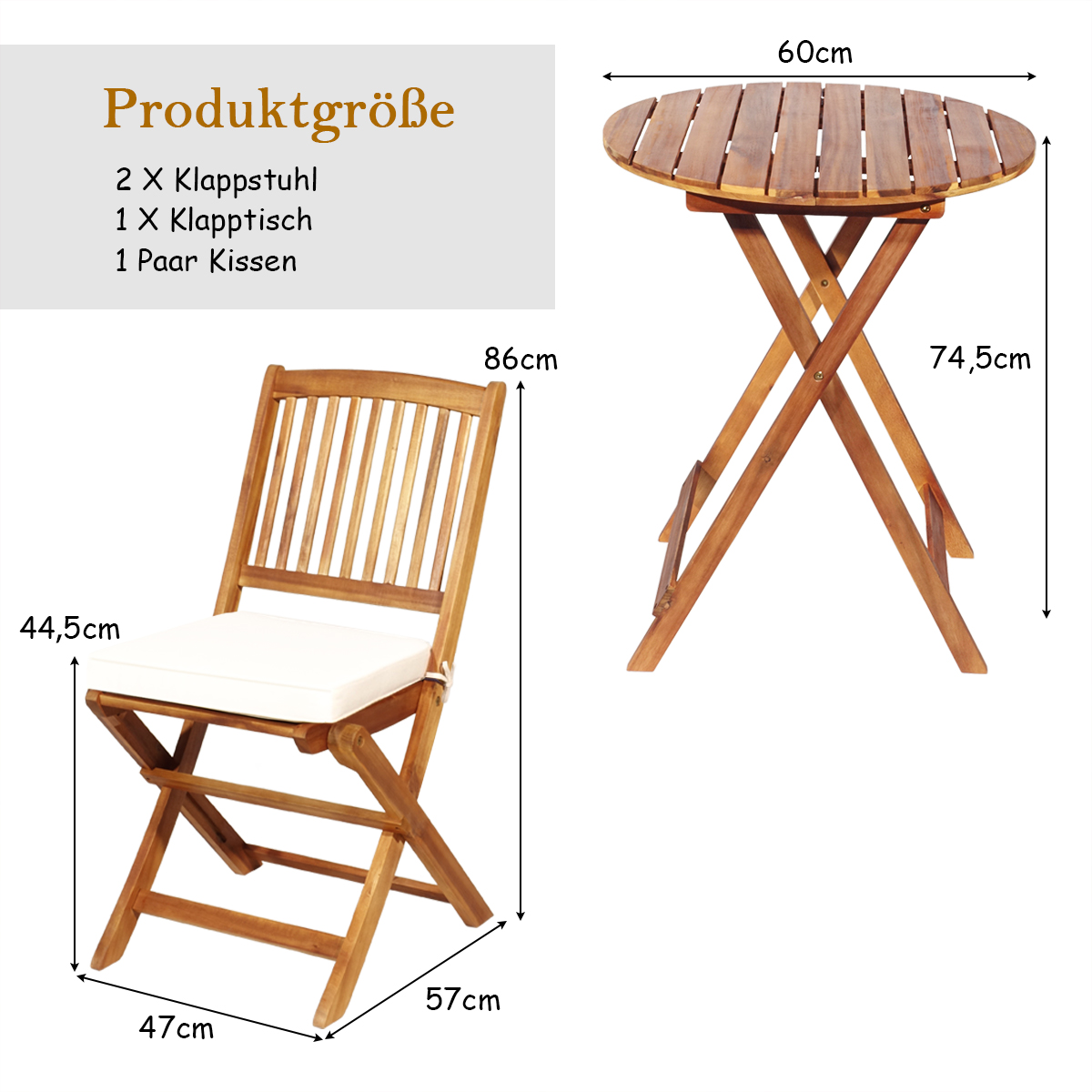 Ein Holz-Gartenmöbelset mit Tisch und zwei Stühlen, mit Maßen.