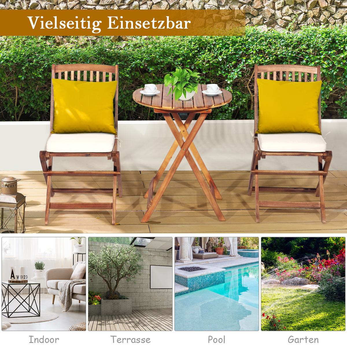Zwei Holzstühle mit gelben Kissen und ein kleiner Tisch auf einer Terrasse, plus vier kleinere Bilder.