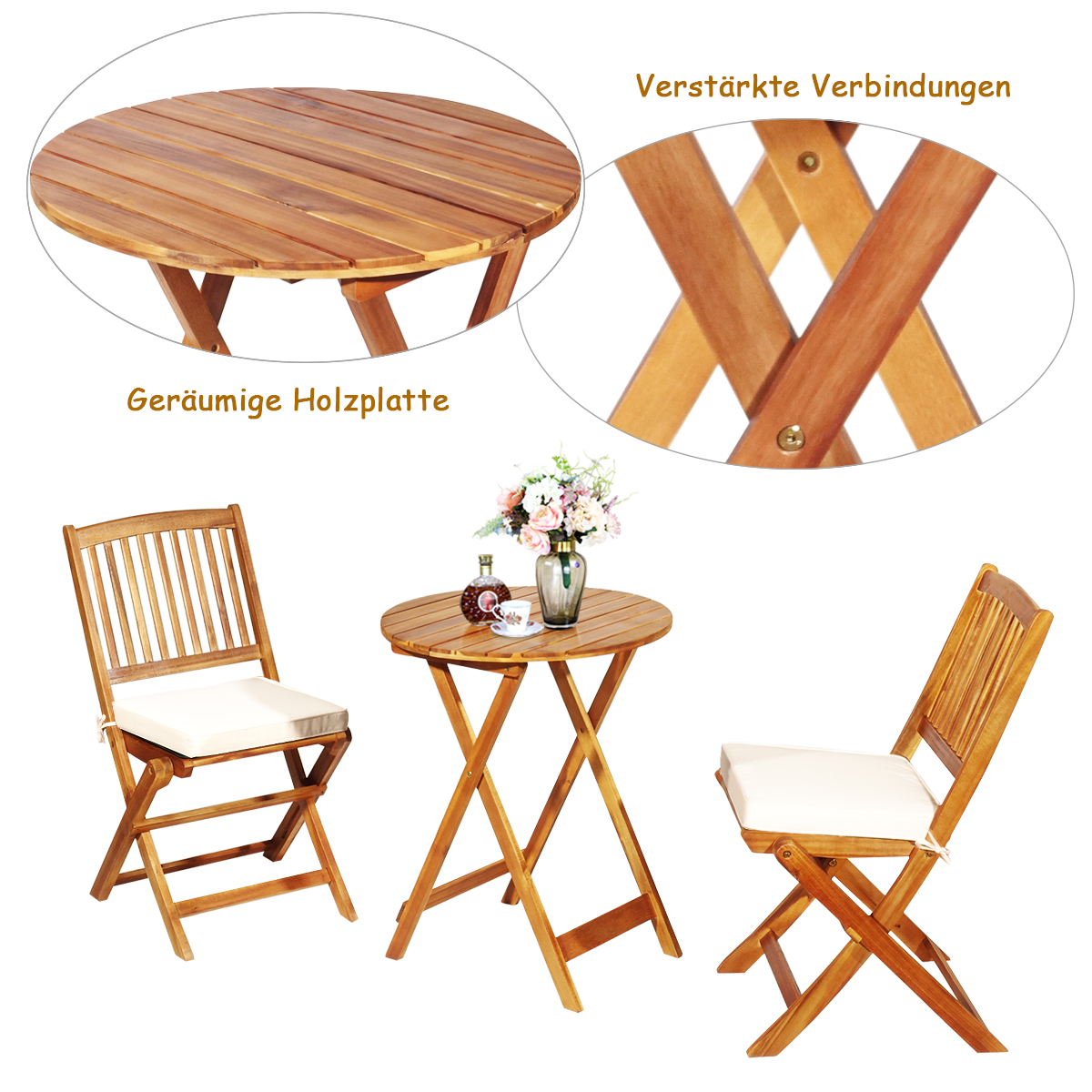 Holztisch mit zwei Stühlen. Zusätzliche Bilder zeigen Nahaufnahmen von Tischdetails und Stuhlverbindungen.