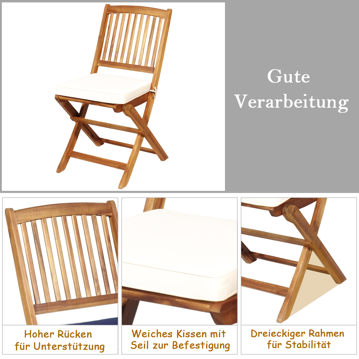 Klappstuhl aus Holz mit weißem Kissen. Zeigt Details: Rücken, Sitz und Rahmen. Textbeschriftungen.