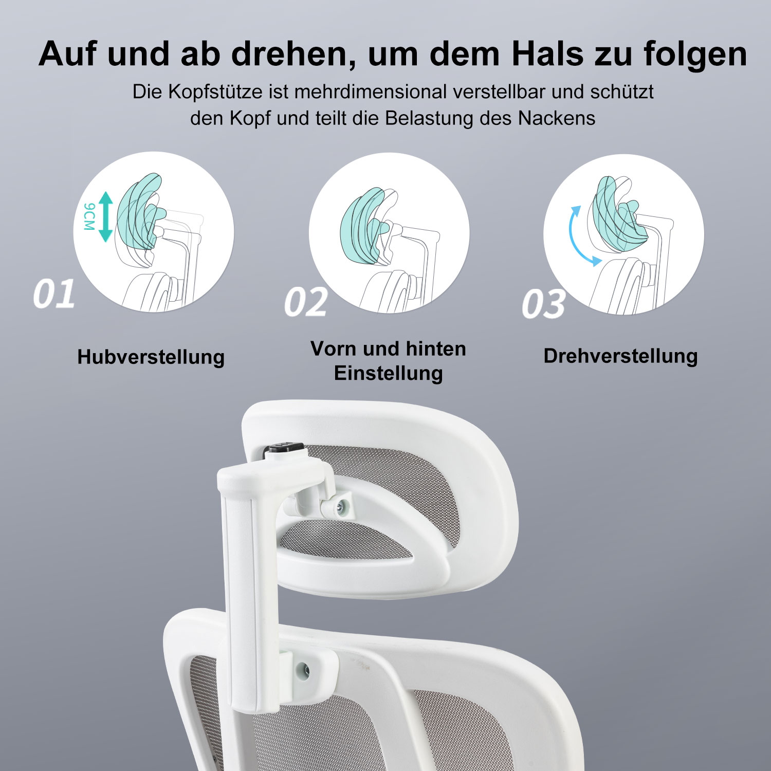 Diagramm, das Kopfstützenverstellungen zeigt. Oben, vorne/hinten und Drehverstellungen. Weißer Hintergrund.