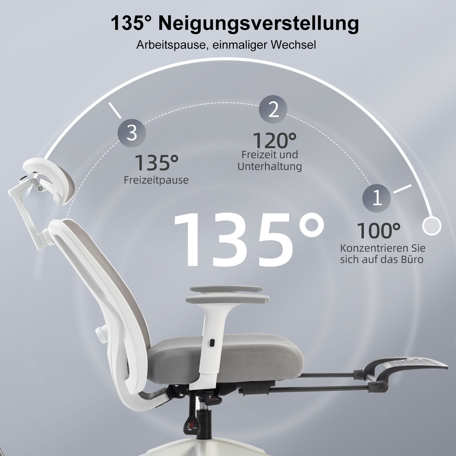 Ergonomischer Bürostuhl mit verstellbarer Rückenlehne und Fußstütze. Weiß-graues Farbschema. Weißer Hintergrund.