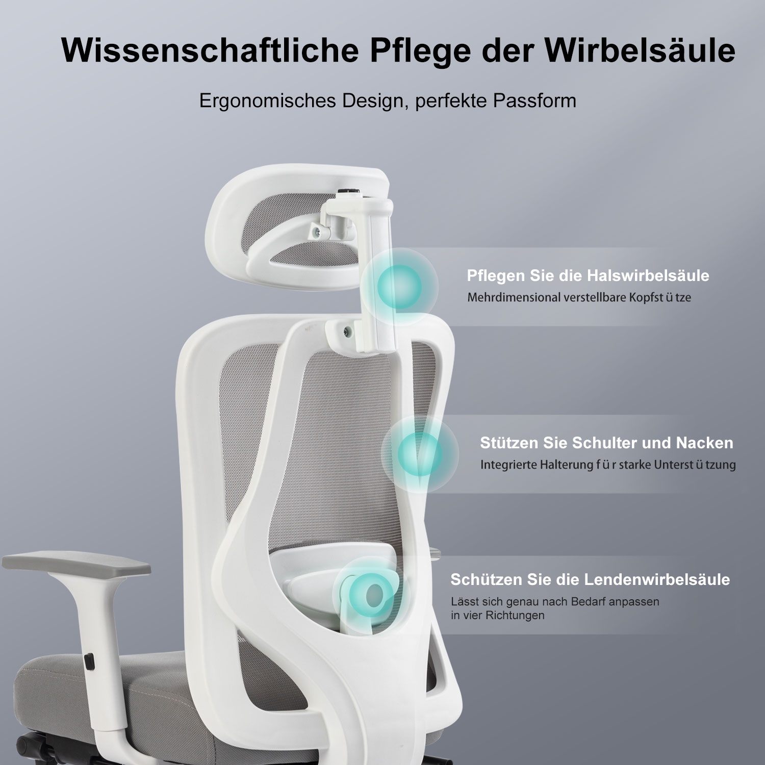 Ein weißer und grauer ergonomischer Bürostuhl. Der Stuhl hat eine Kopfstütze und Rückenlehne.