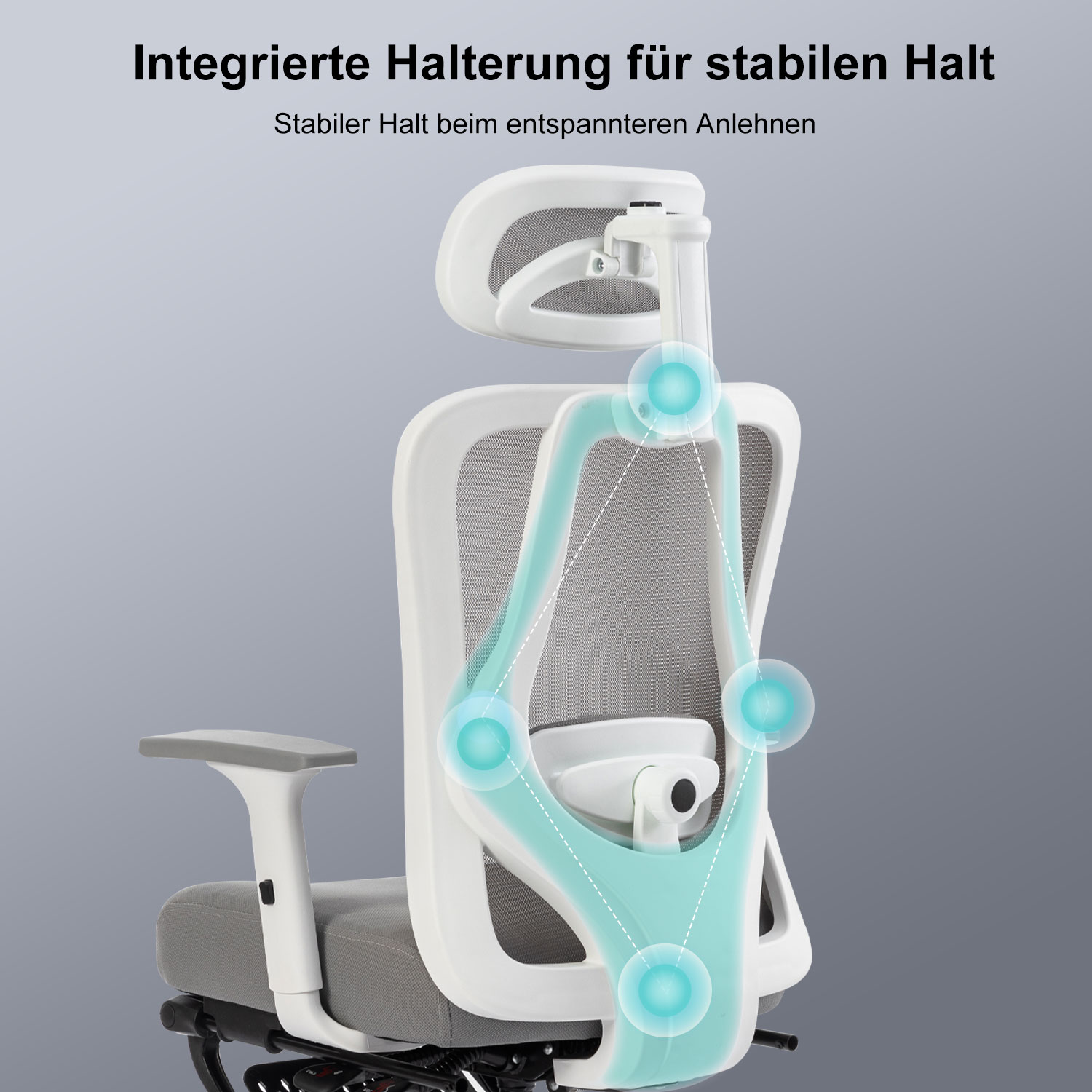 Weißer Bürostuhl mit grauem Sitz und Kopfstütze, blaue Markierungen an den Stützpunkten.