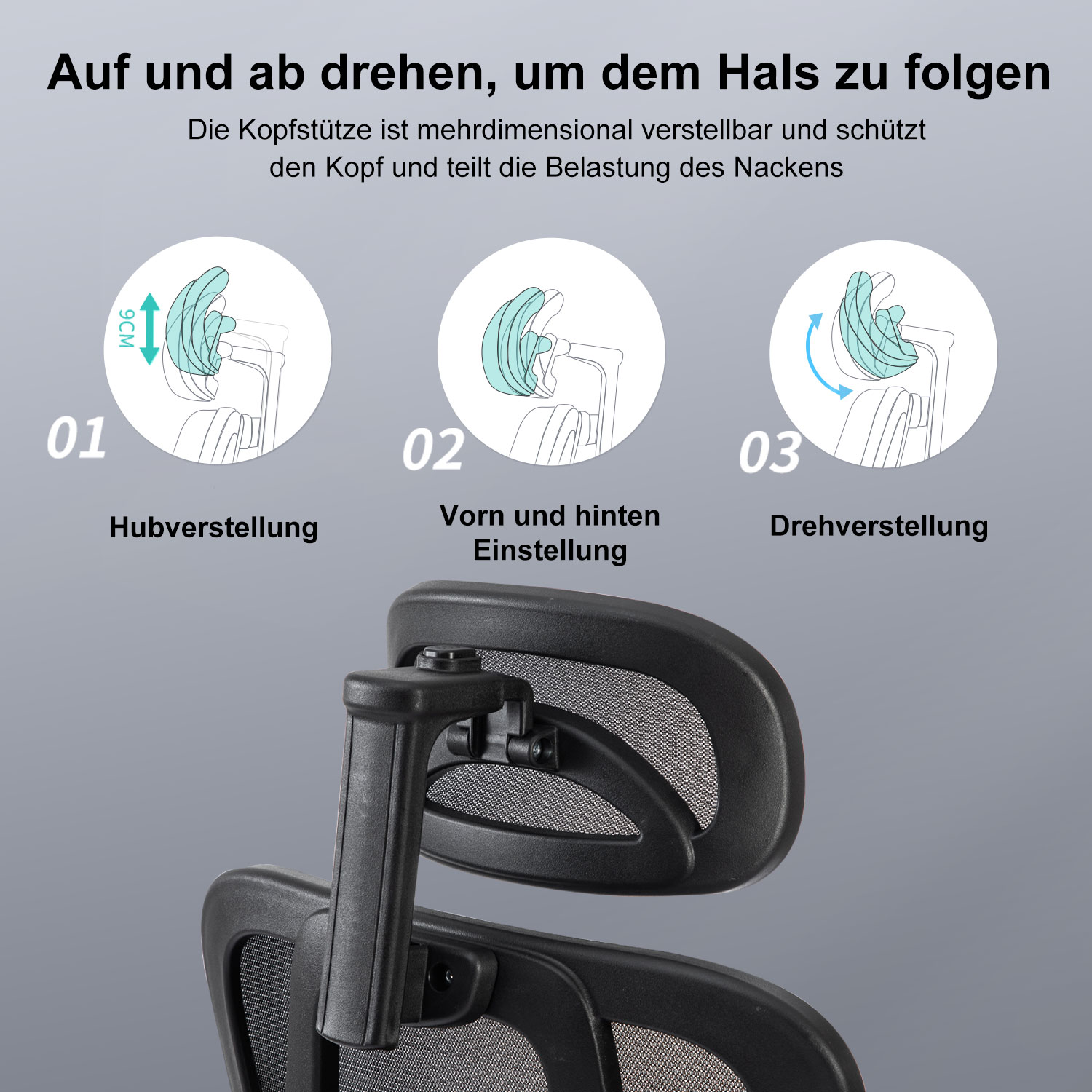 Ein verstellbarer schwarzer und grauer Bürostuhl, der Details zur Kopfstützenverstellung zeigt.