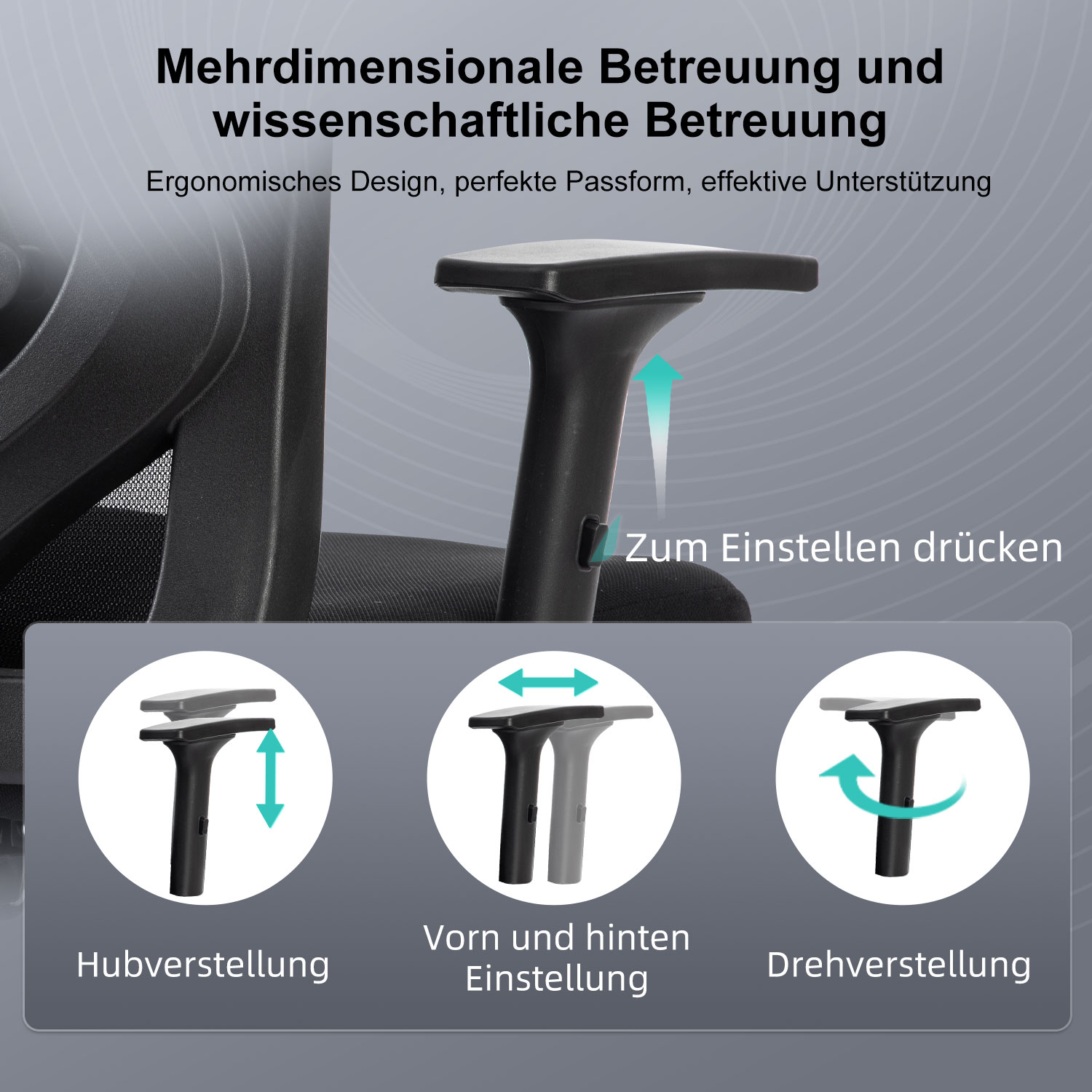 Schwarzer ergonomischer Stuhl mit Einstellanweisungen. Zeigt Naben-, Vorwärts-/Rückwärts- und Dreheinstellungen.
