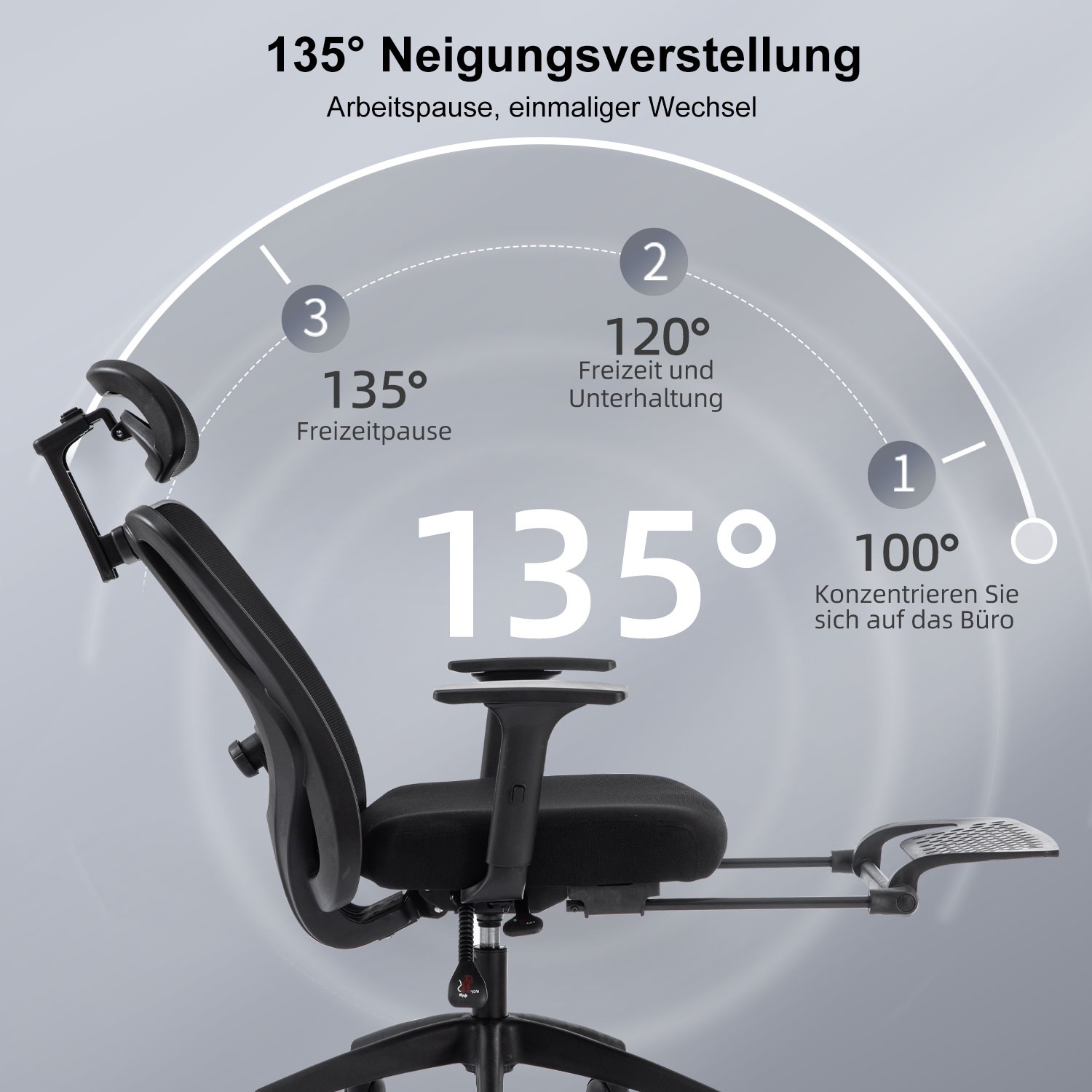 Ergonomischer Bürostuhl mit Fußstütze und einstellbaren Winkeln.
