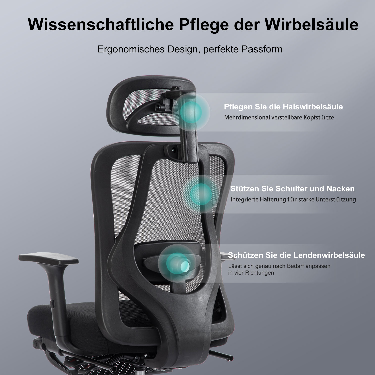 Ergonomischer Bürostuhl. Er hebt Nacken, Schultern und Lendenwirbelstütze hervor.