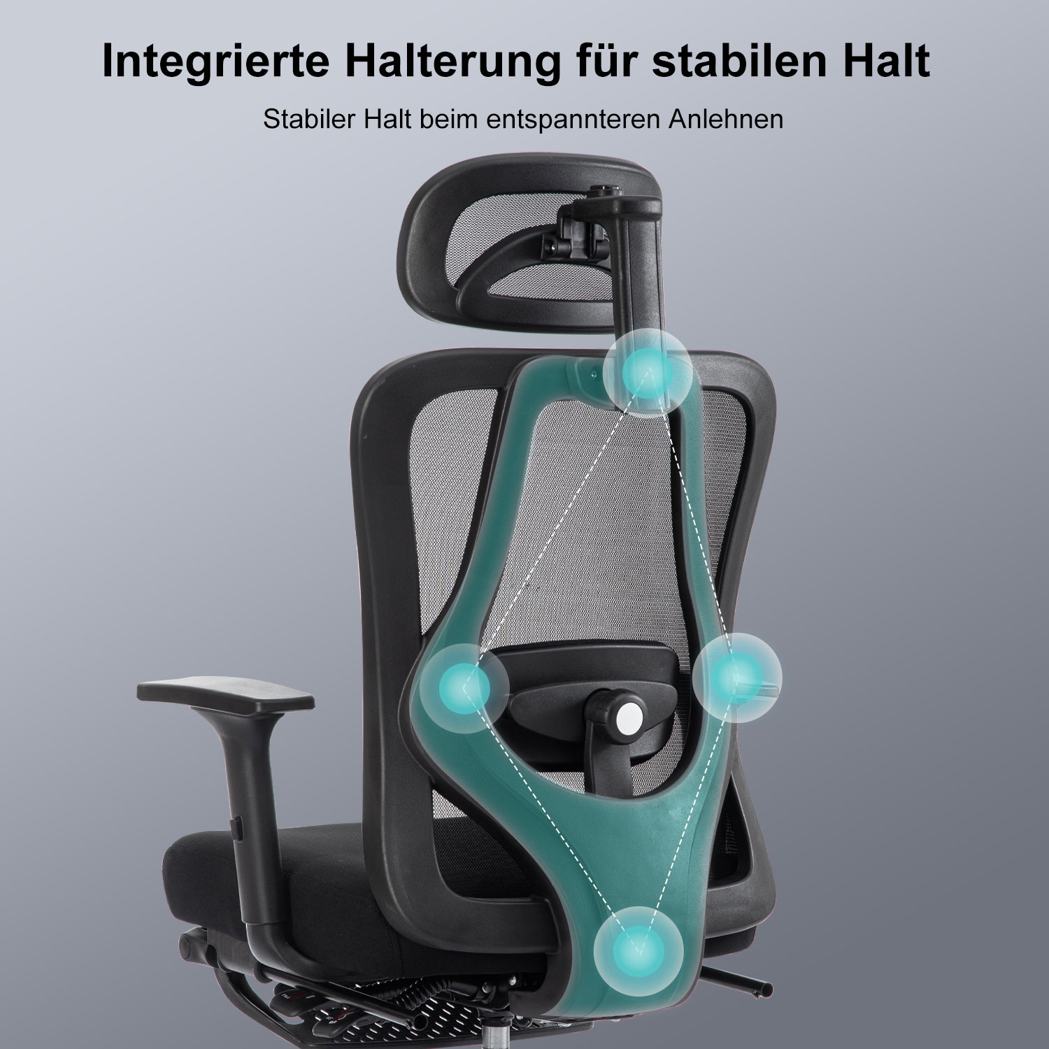 Schwarzer Bürostuhl mit grüner Stützstruktur, die integrierte Stützpunkte zeigt.