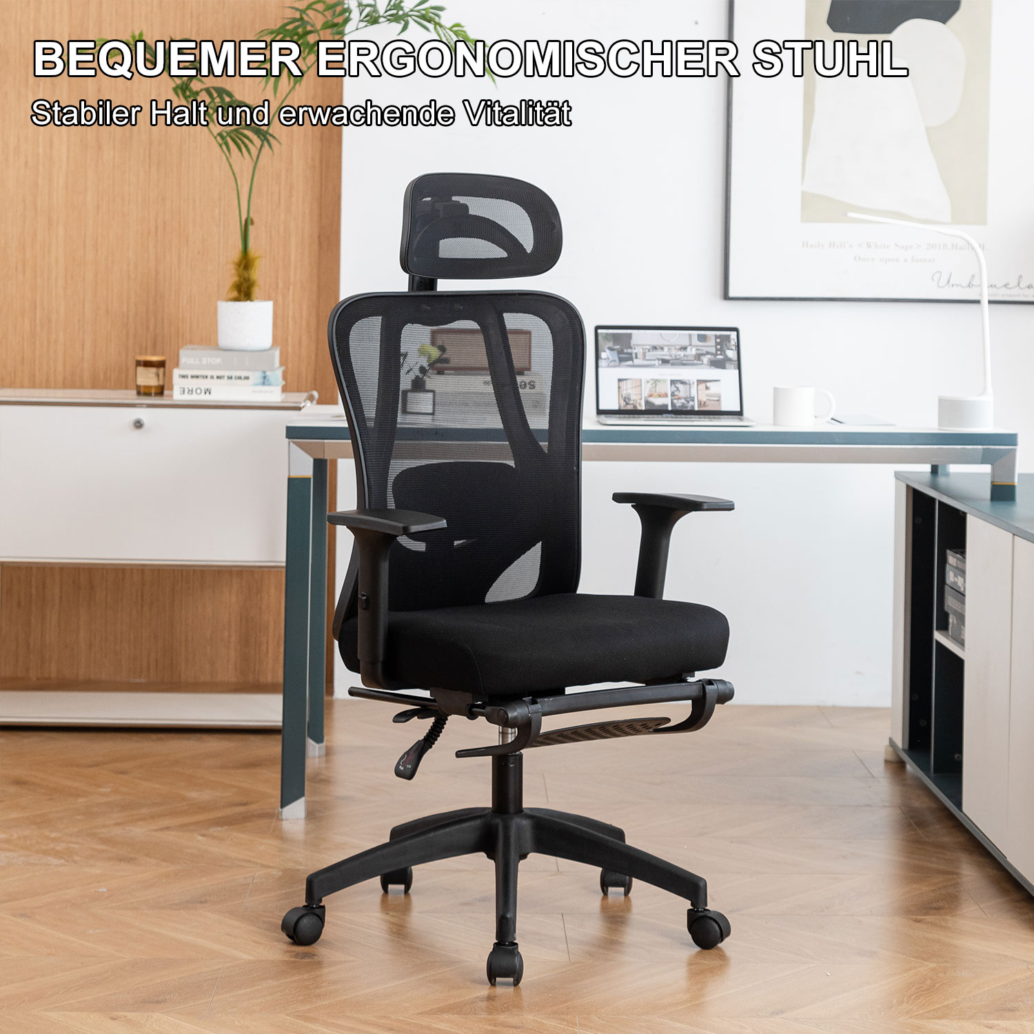 Schwarzer ergonomischer Bürostuhl mit Kopfstütze, Rückenlehne und Armlehnen, im Büroumfeld.