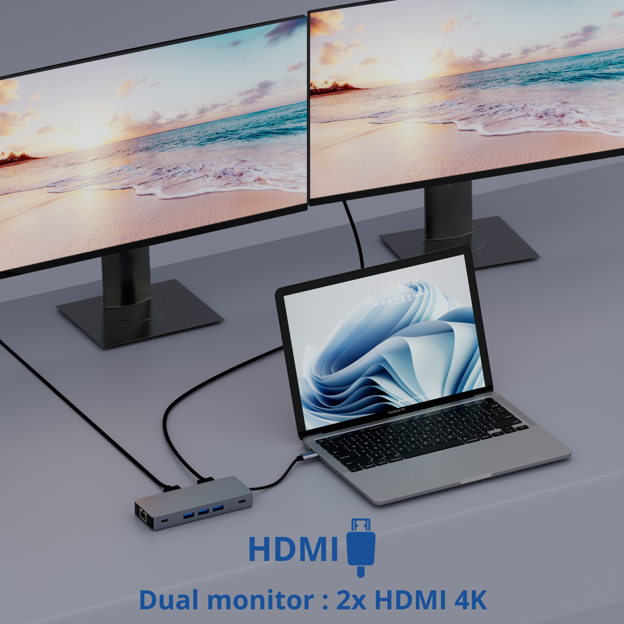 Twee monitoren en een laptop verbonden via een hub, met HDMI-tekst.