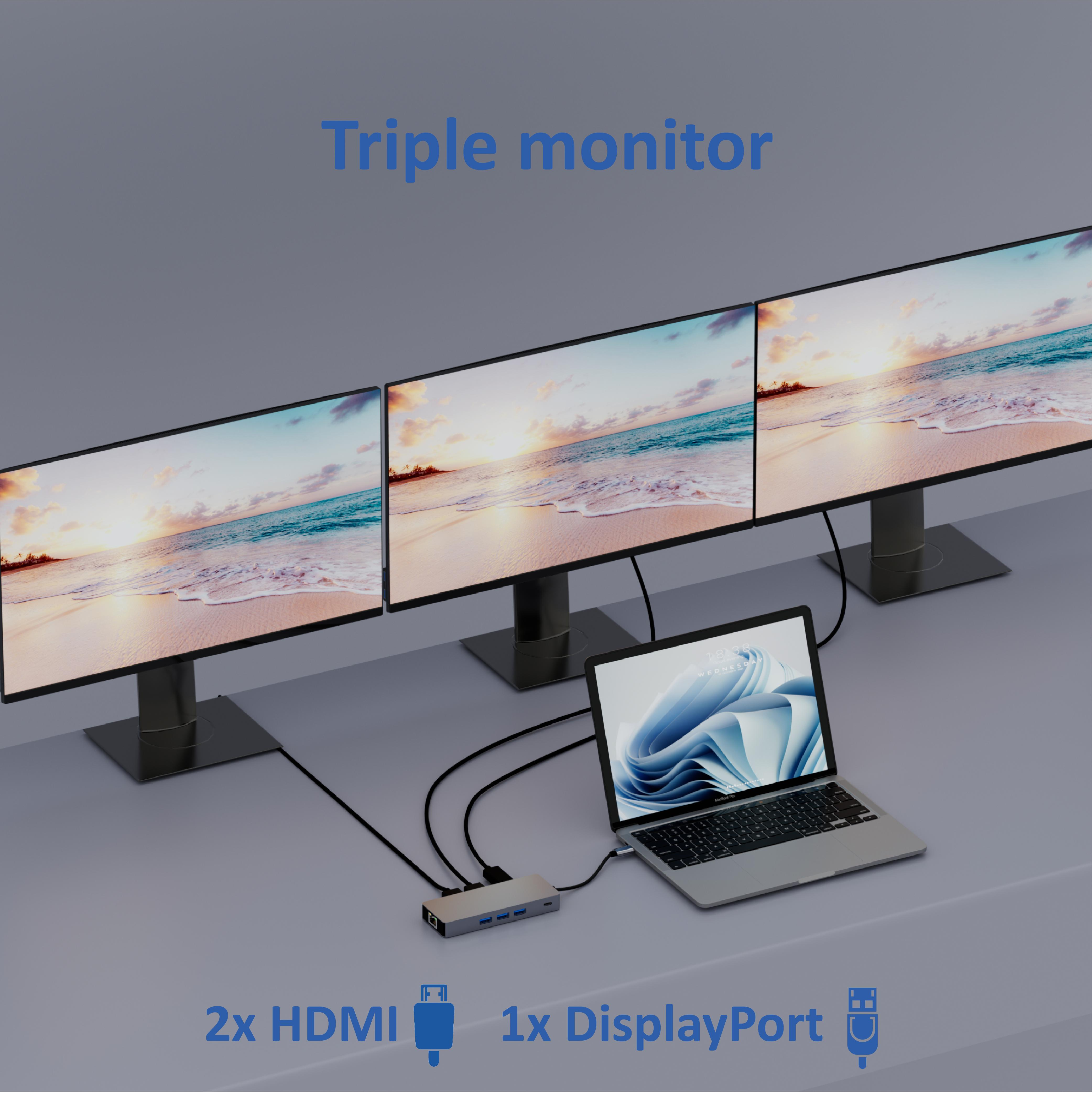 Configuration à trois moniteurs avec un ordinateur portable et un hub en bas.