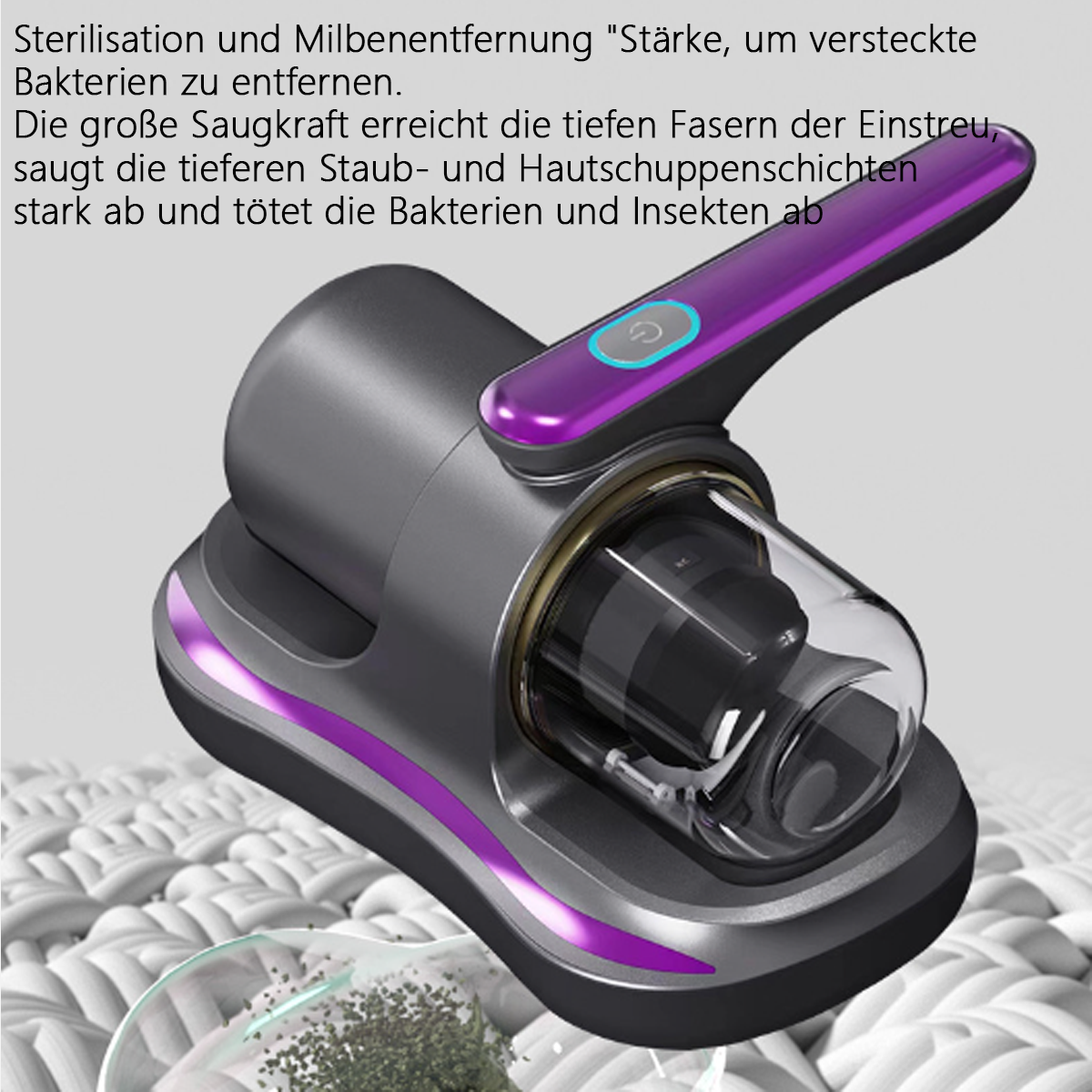 Ein Staubsauger mit lila Akzent reinigt Stoff. Er zeigt Staub- und Bakterienentfernung.