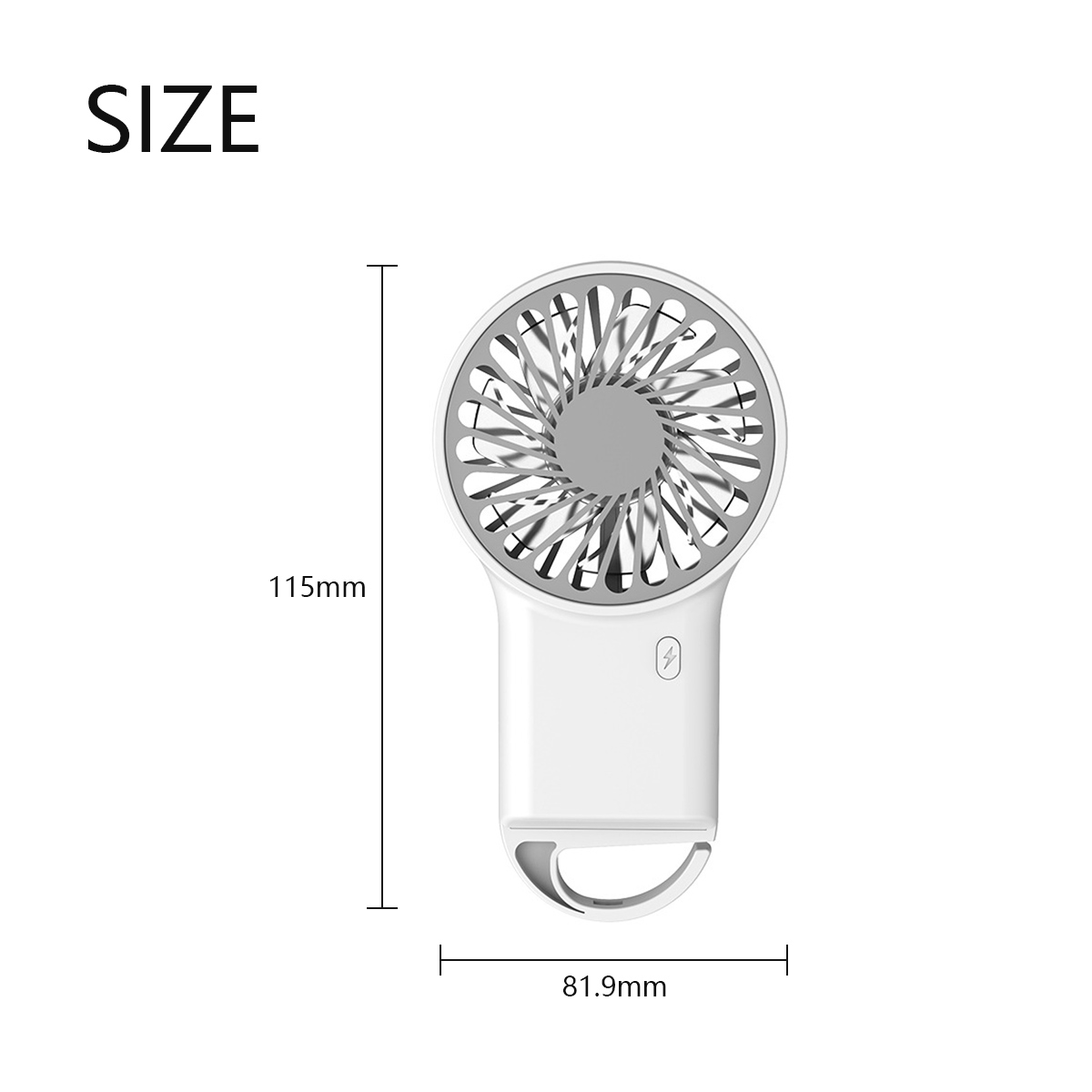 Weißer tragbarer Ventilator mit Abmessungen. Verfügt über einen Ring von Lüfterblättern.