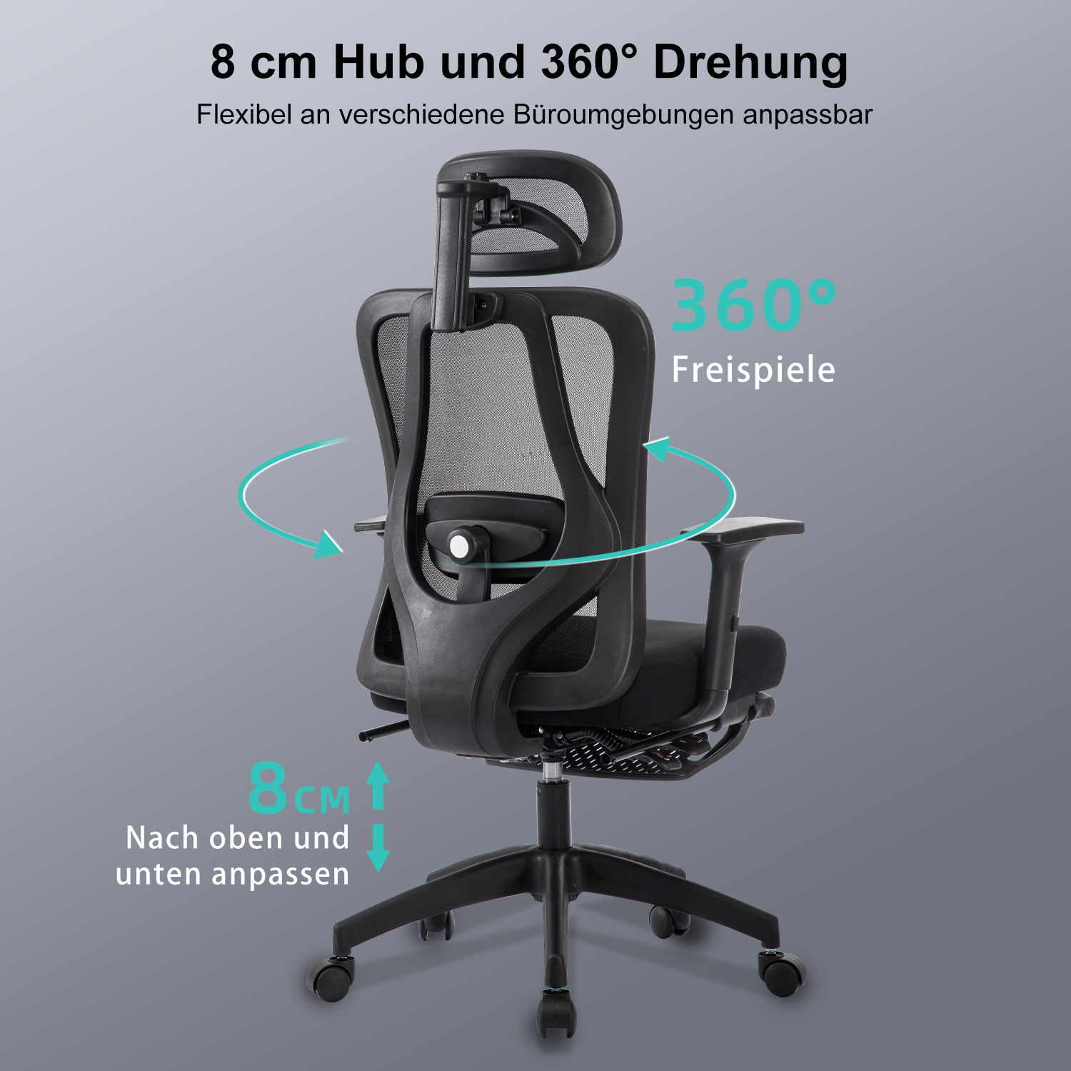 Ein Bürostuhl mit schwarzem Netzrücken und Kopfstütze, mit Pfeilen nach oben.