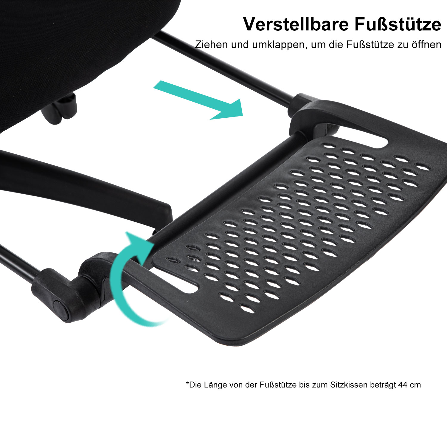 Schwarze Fußstütze eines Stuhls, verstellbar, mit Pfeilen.