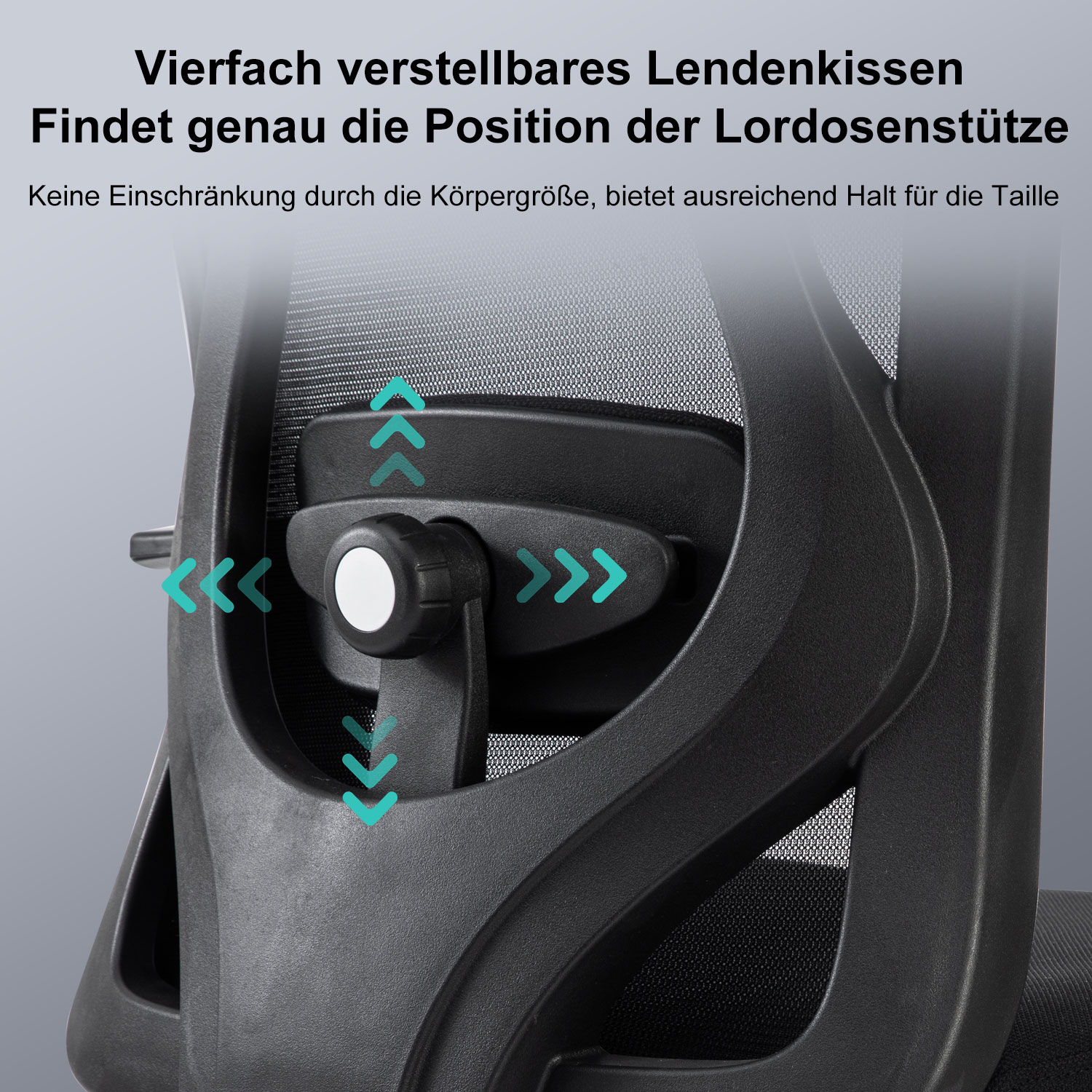 Ein schwarzer Bürostuhl mit Netzrücken und verstellbarer Lendenwirbelstütze.