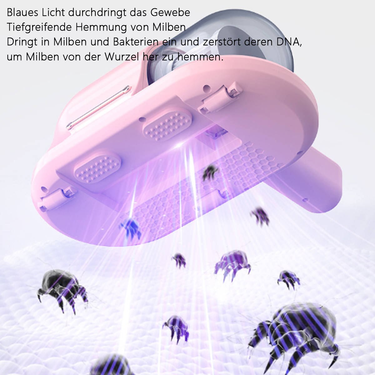 Rosa Staubsauger, der violettes Licht aussendet, um Milben abzutöten. Text beschreibt den Prozess.