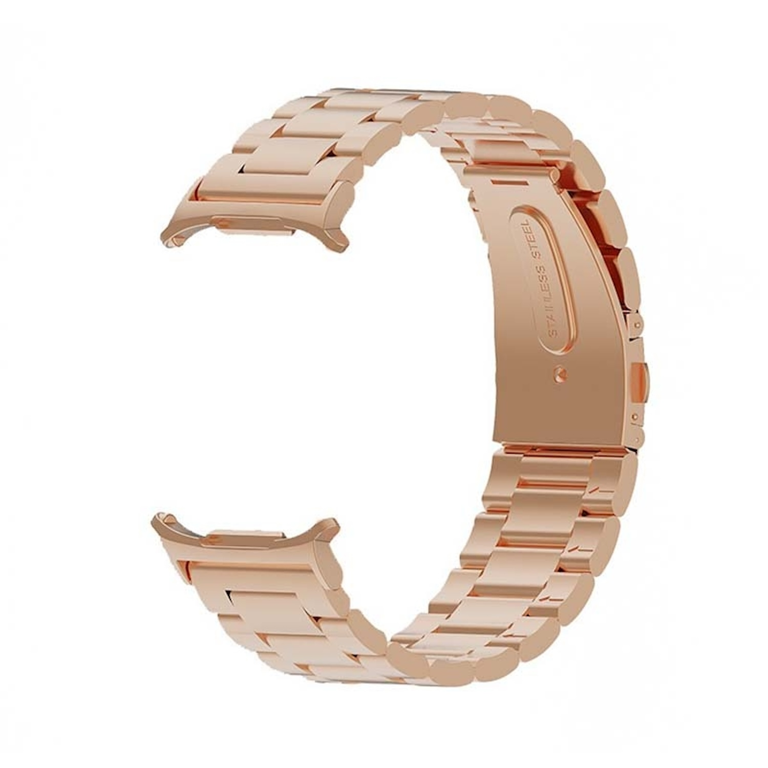 Ein roségoldenes Uhrenarmband in C-Form vor weißem Hintergrund, mit "STAINLESS STEEL".