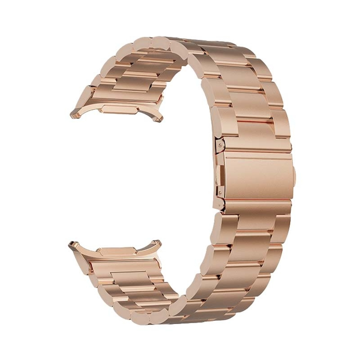 Roségoldfarbenes Uhrenarmband. Das Armband ist metallisch, mit geschwungenem Design und Verschluss.