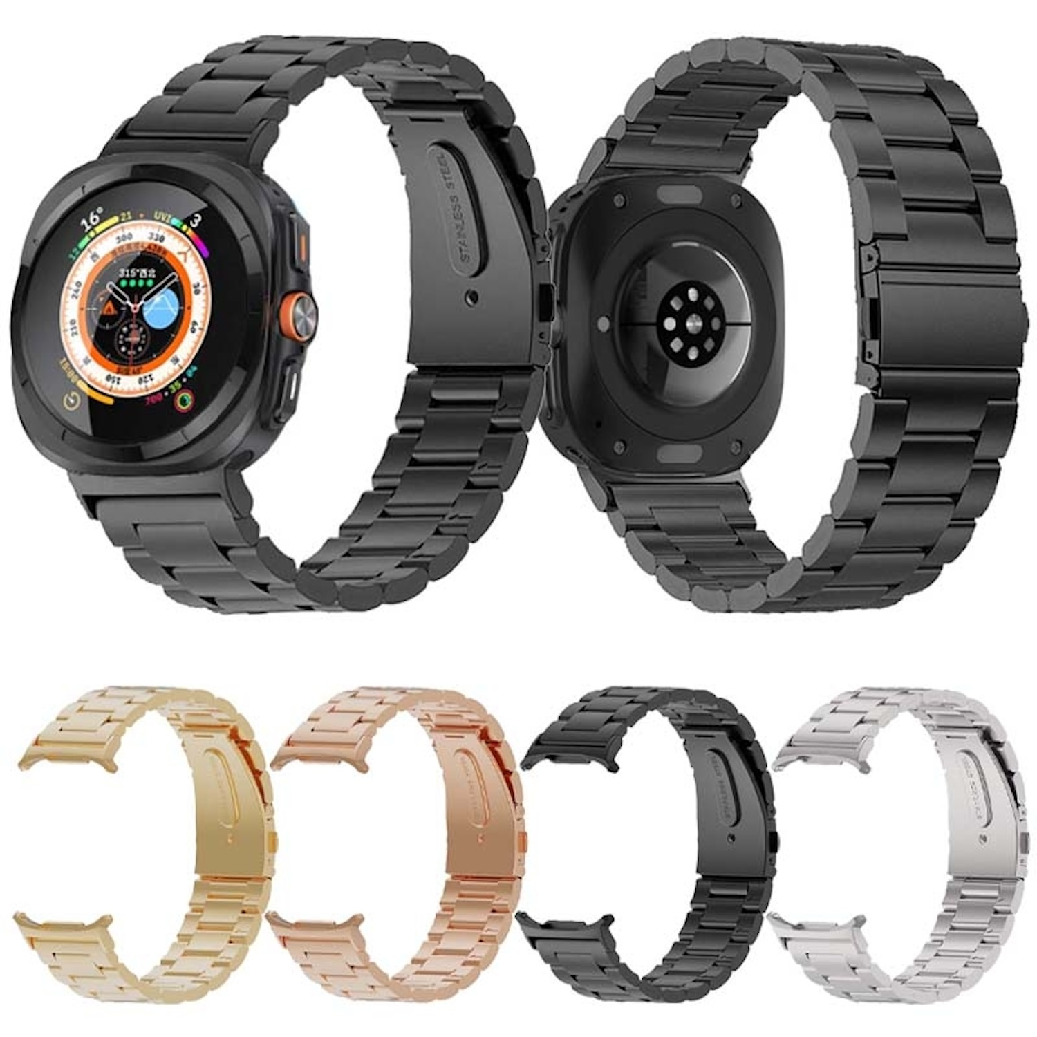 Uhrenarmbänder in verschiedenen Farben. Edelstahlbänder in Schwarz, Gold, Roségold und Silber. Schwarze Smartwatch.